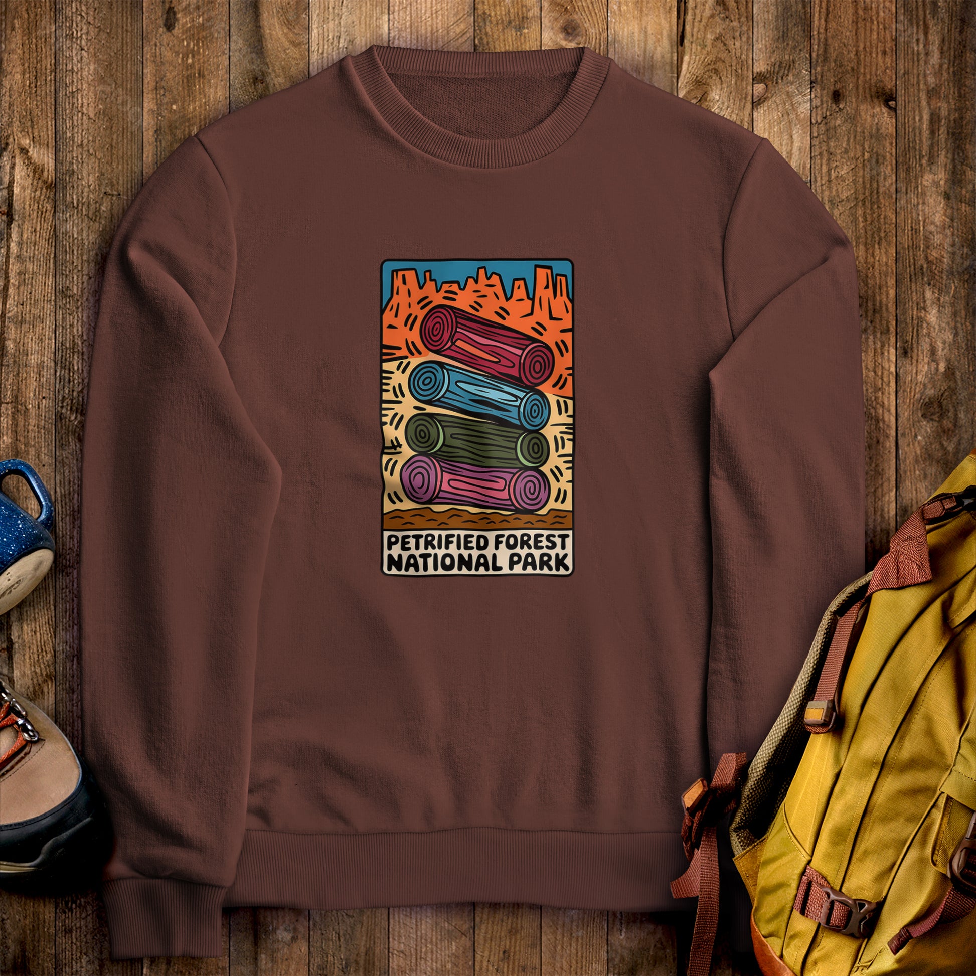 Petrified Forest National Park Logs Crewneck Sweatshirt Cocoa Adventure and Outdoors Themed Sweatshirt