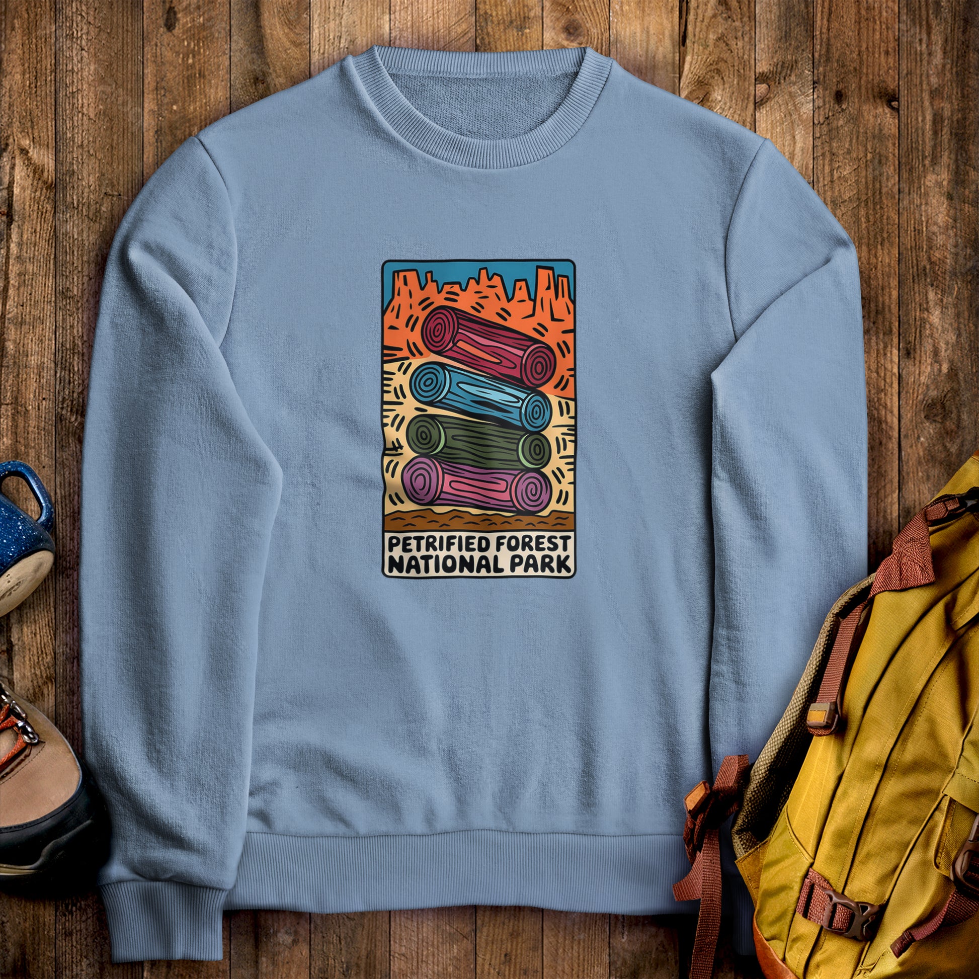 Petrified Forest National Park Logs Crewneck Sweatshirt Stone Blue Adventure and Outdoors Themed Sweatshirt