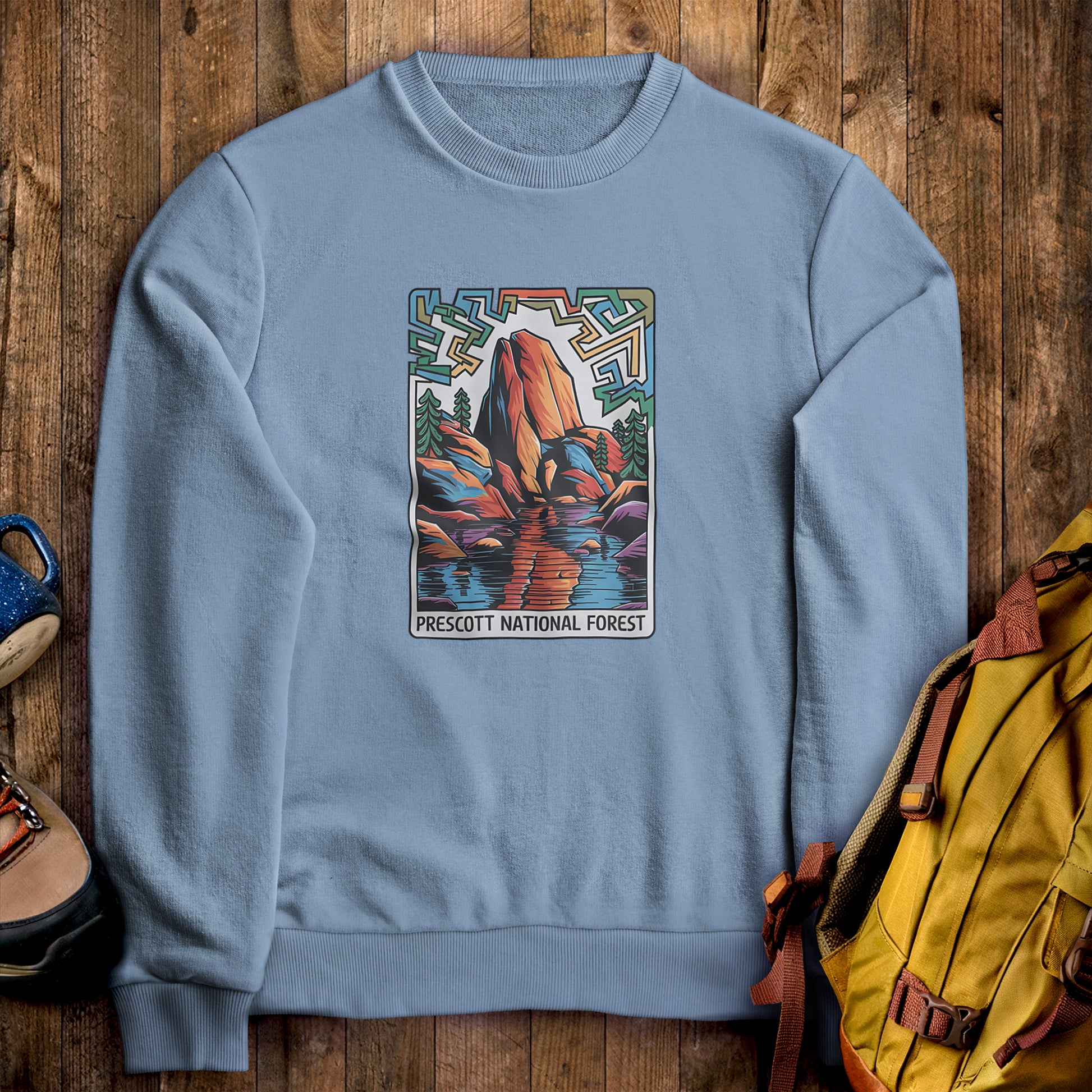 Prescott National Forest Crewneck Sweatshirt Stone Blue Adventure and Outdoors Themed Sweatshirt