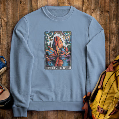 Prescott National Forest Crewneck Sweatshirt Stone Blue Adventure and Outdoors Themed Sweatshirt