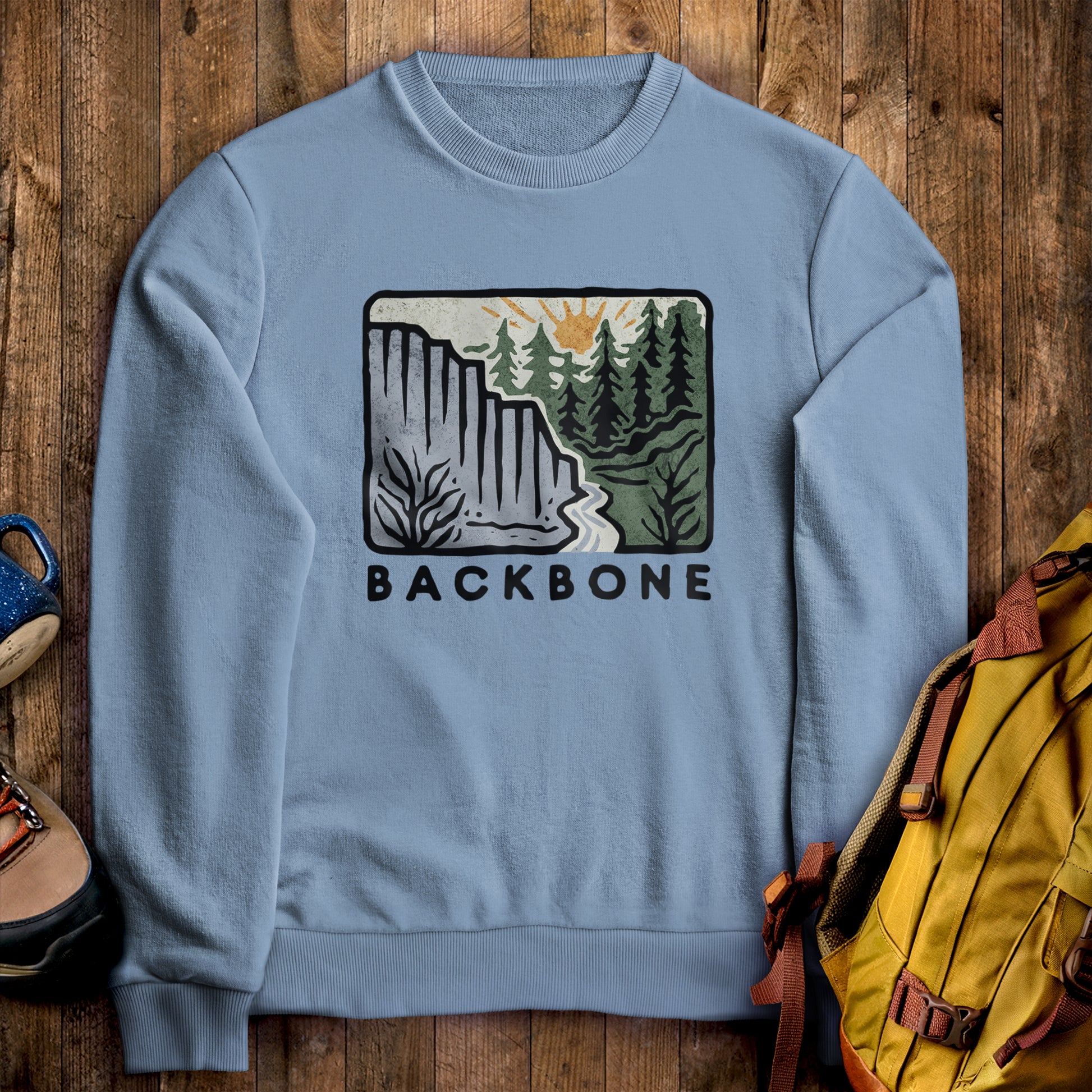 Backbone State Park Crewneck Sweatshirt Stone Blue Adventure and Outdoors Themed Sweatshirt