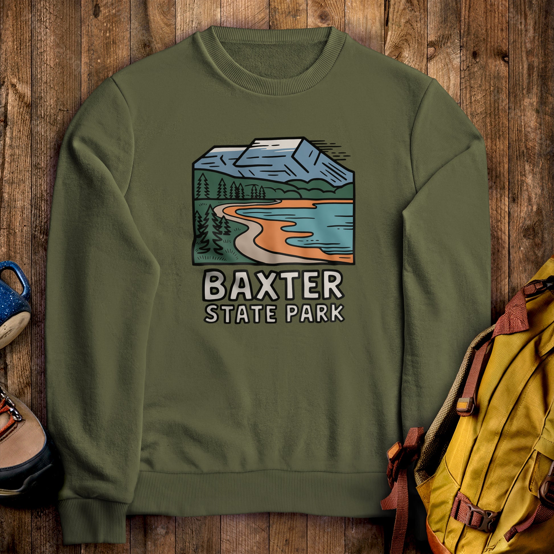 Baxter State Park Crewneck Sweatshirt Military Green Adventure and Outdoors Themed Sweatshirt