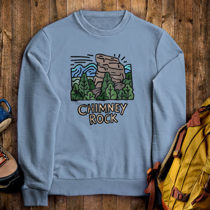 Chimney Rock Crewneck Sweatshirt Stone Blue Adventure and Outdoors Themed Sweatshirt