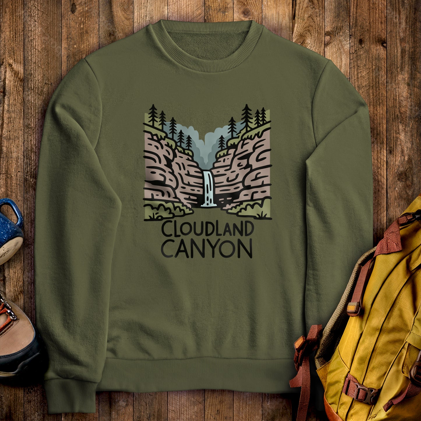 Cloudland Canyon State Park Crewneck Sweatshirt Military Green Adventure and Outdoors Themed Sweatshirt