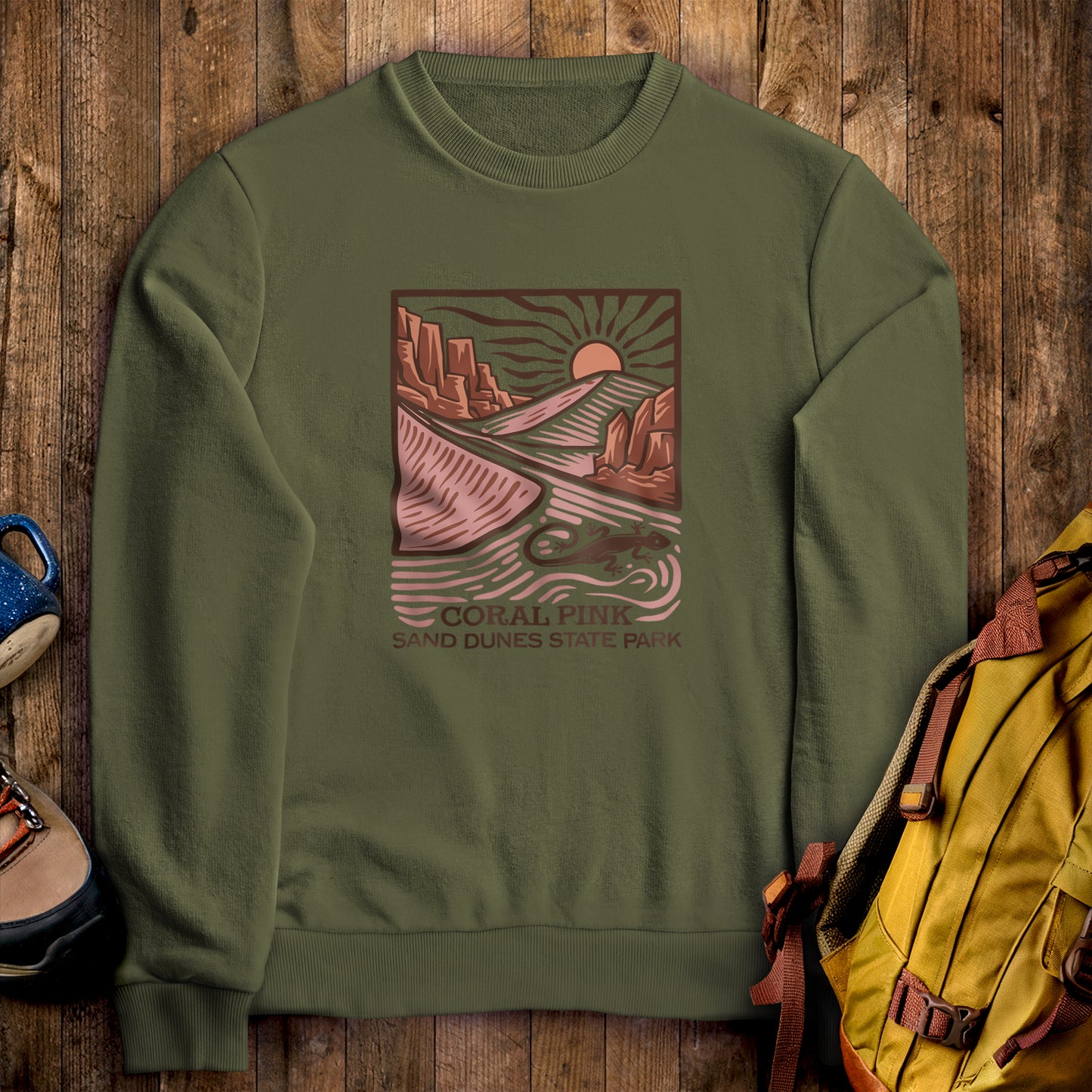 Coral Pink Sand Dunes State Park Crewneck Sweatshirt Military Green Adventure and Outdoors Themed Sweatshirt