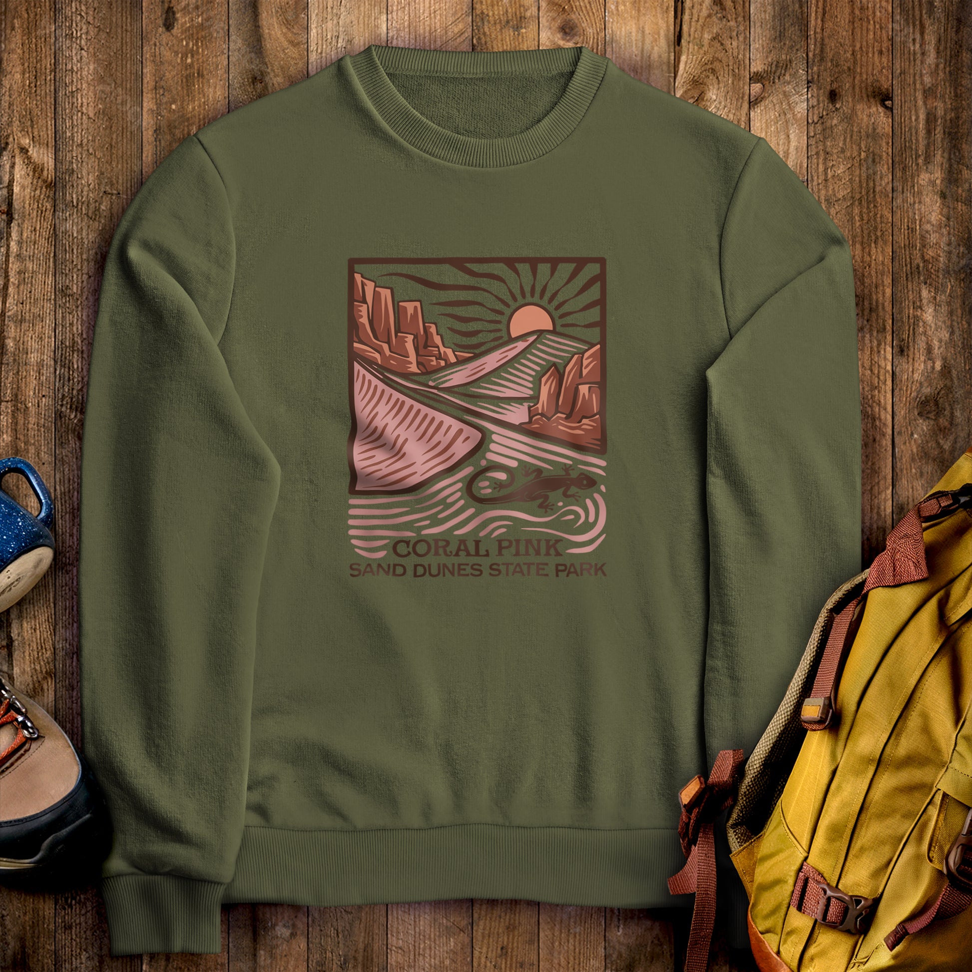 Coral Pink Sand Dunes State Park Crewneck Sweatshirt Military Green Adventure and Outdoors Themed Sweatshirt