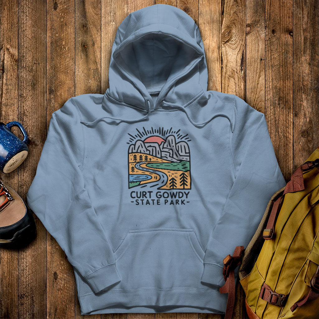 Curt Gowdy State Park Hoodie Stone Blue Adventure and Outdoors Themed Hoodie