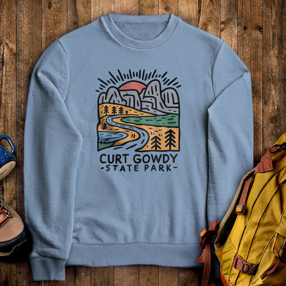 Curt Gowdy State Park Crewneck Sweatshirt Stone Blue Adventure and Outdoors Themed Sweatshirt