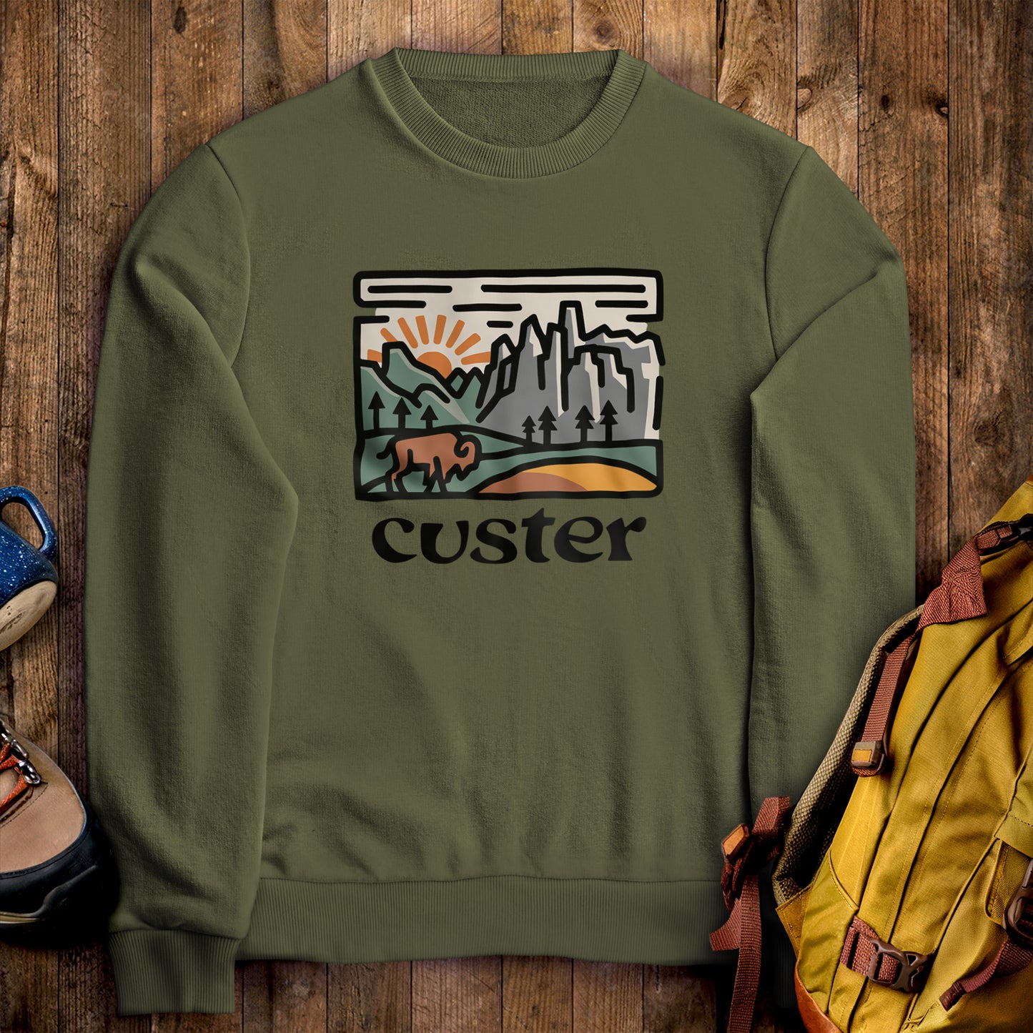 Custer State Park Crewneck Sweatshirt Military Green Adventure and Outdoors Themed Sweatshirt