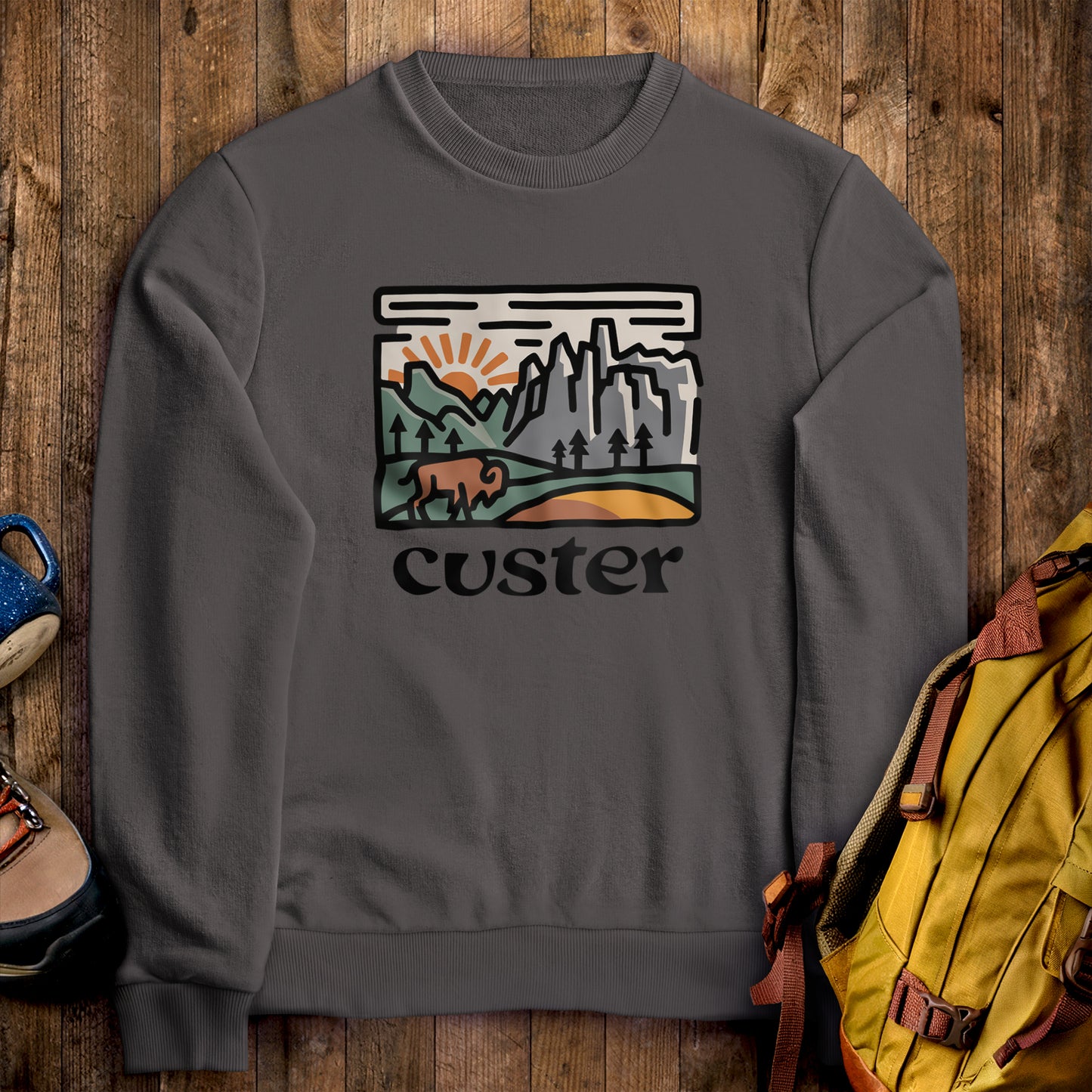 Custer State Park Crewneck Sweatshirt Charcoal Adventure and Outdoors Themed Sweatshirt