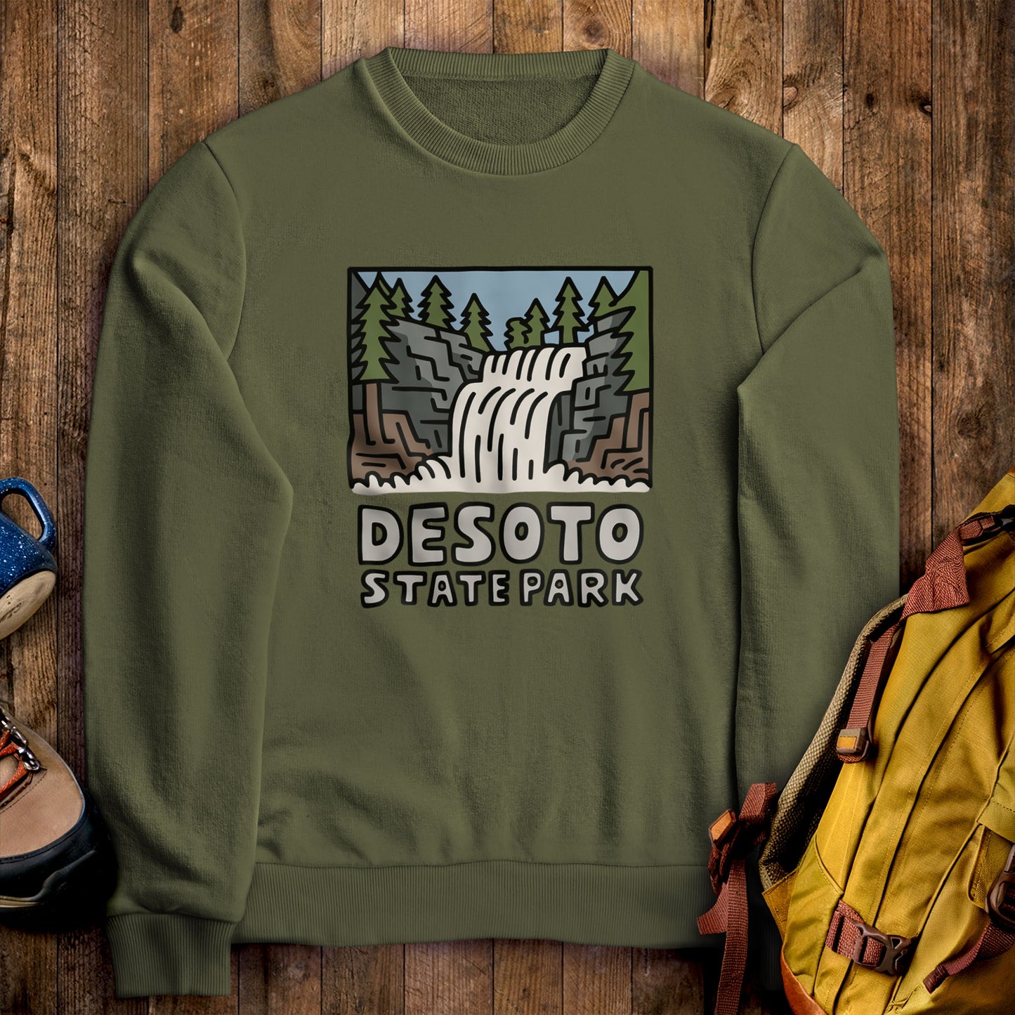 DeSoto State Park Crewneck Sweatshirt Military Green Adventure and Outdoors Themed Sweatshirt