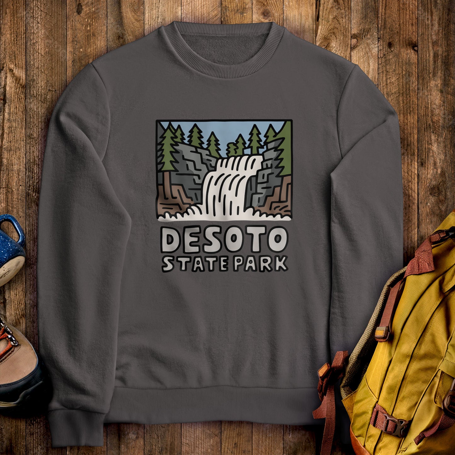DeSoto State Park Crewneck Sweatshirt Charcoal Adventure and Outdoors Themed Sweatshirt