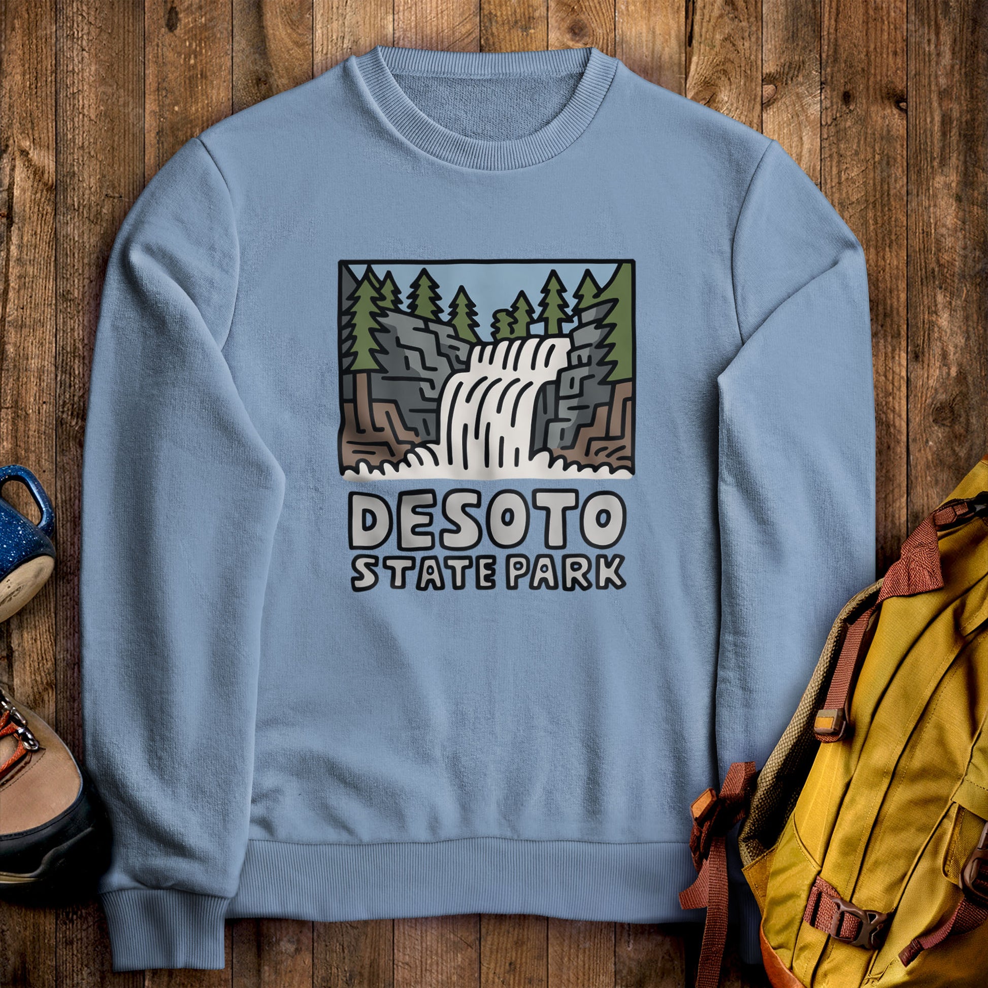 DeSoto State Park Crewneck Sweatshirt Stone Blue Adventure and Outdoors Themed Sweatshirt