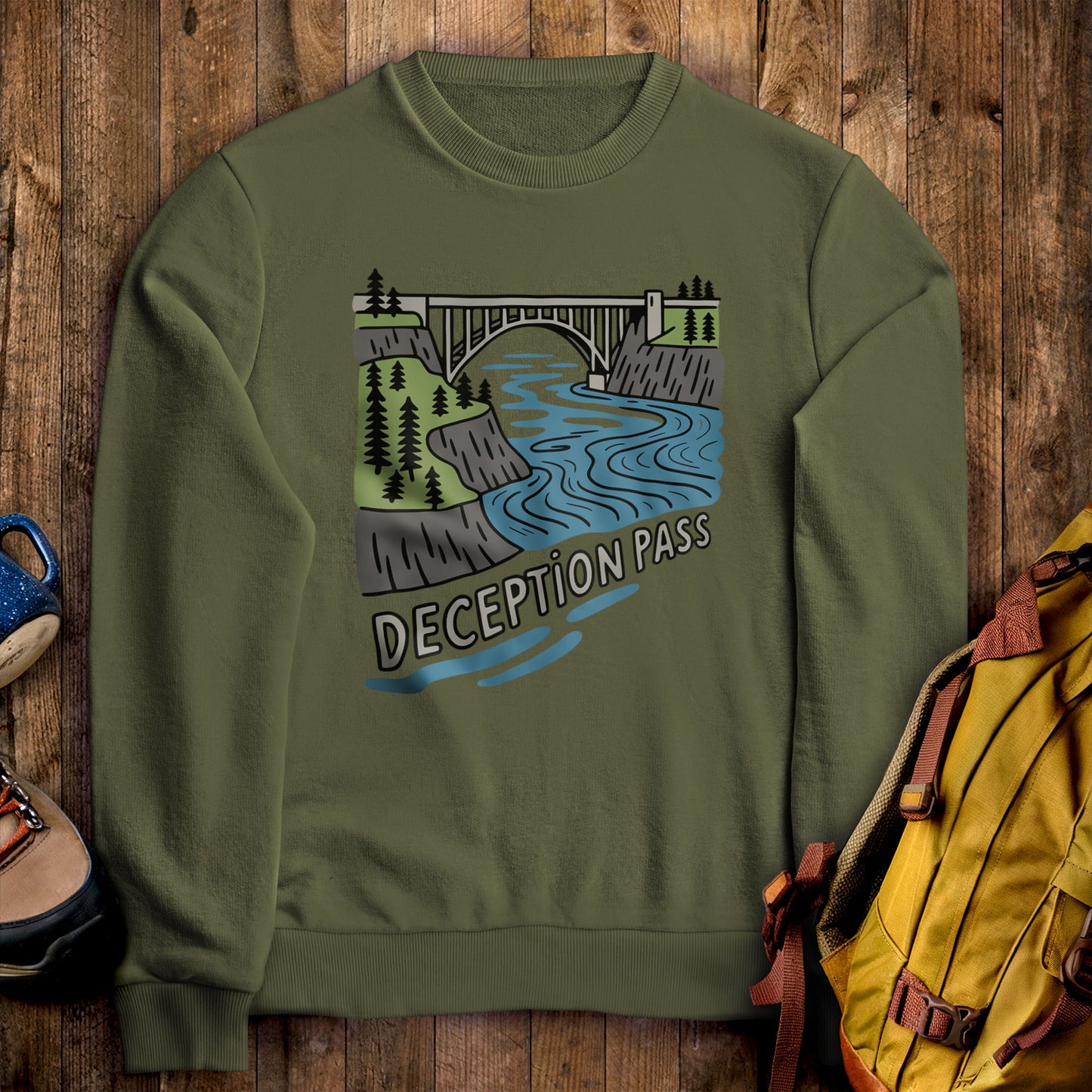 Deception Pass State Park Crewneck Sweatshirt Military Green Adventure and Outdoors Themed Sweatshirt