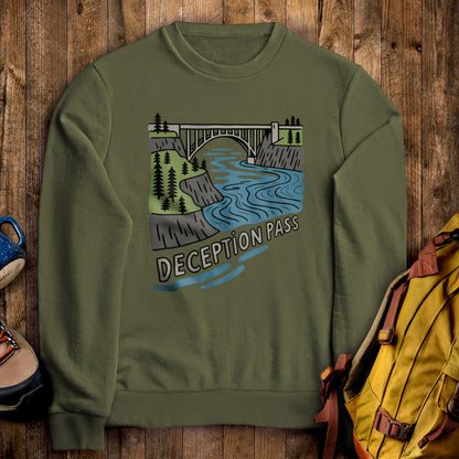 Deception Pass State Park Crewneck Sweatshirt Military Green Adventure and Outdoors Themed Sweatshirt