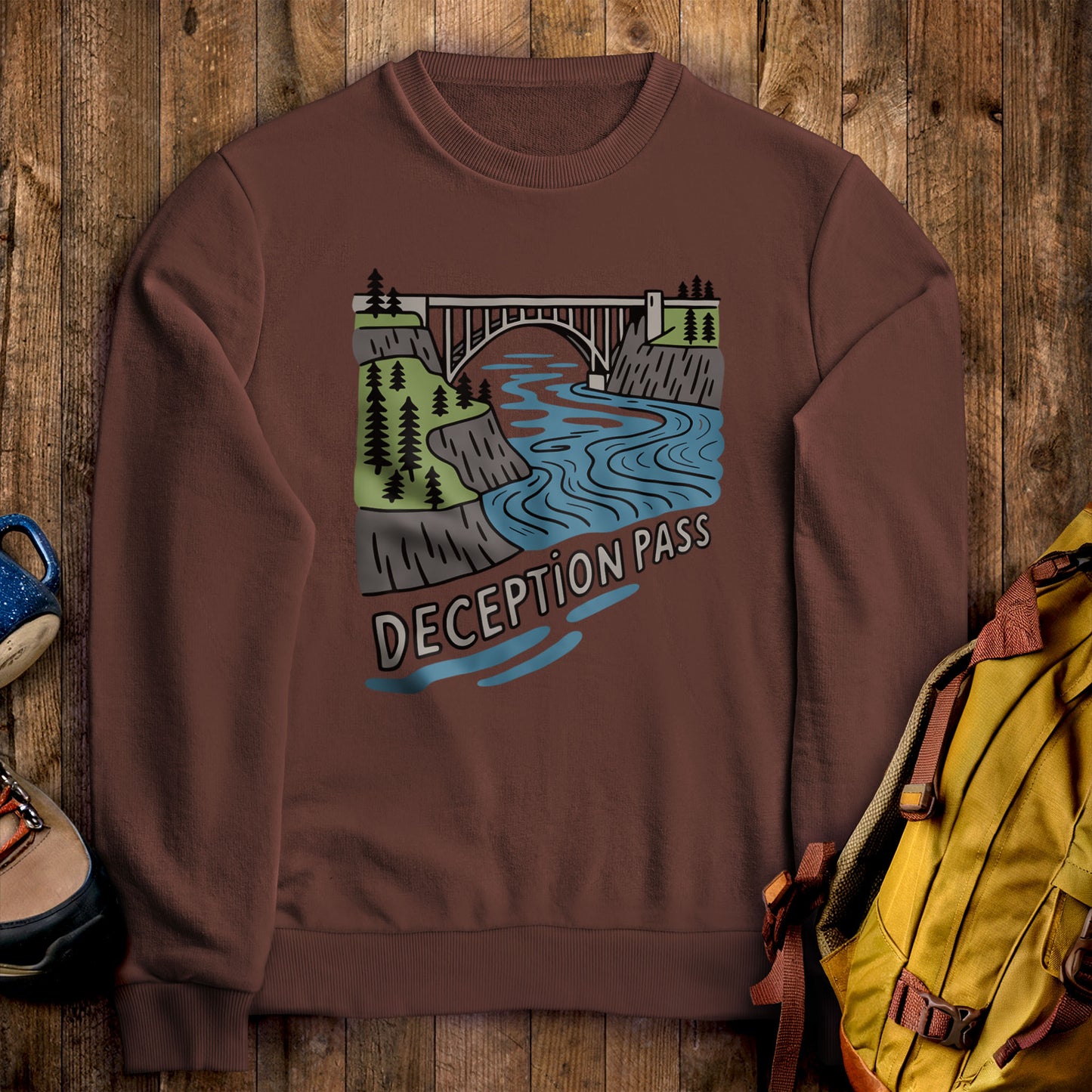 Deception Pass State Park Crewneck Sweatshirt Cocoa Adventure and Outdoors Themed Sweatshirt