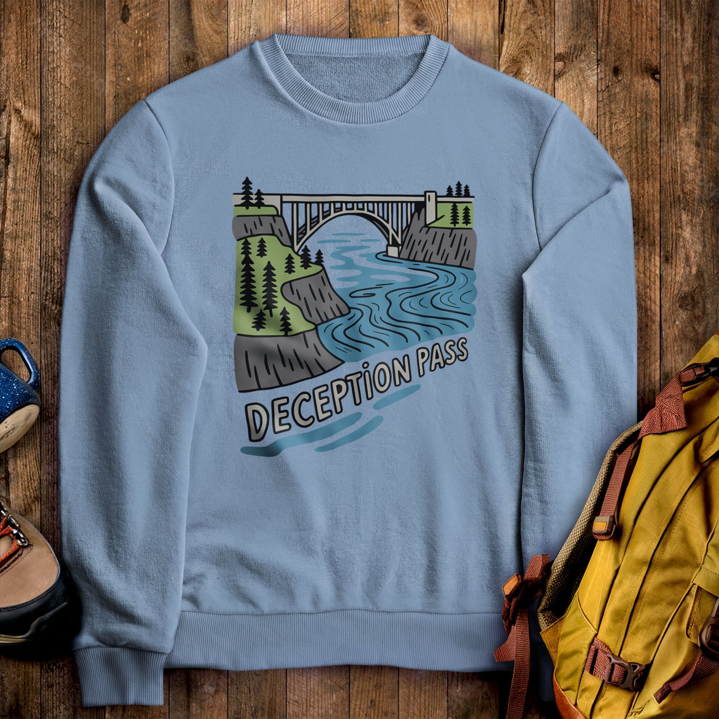 Deception Pass State Park Crewneck Sweatshirt Stone Blue Adventure and Outdoors Themed Sweatshirt