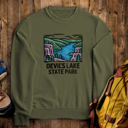 Devil’s Lake State Park Crewneck Sweatshirt Military Green Adventure and Outdoors Themed Sweatshirt