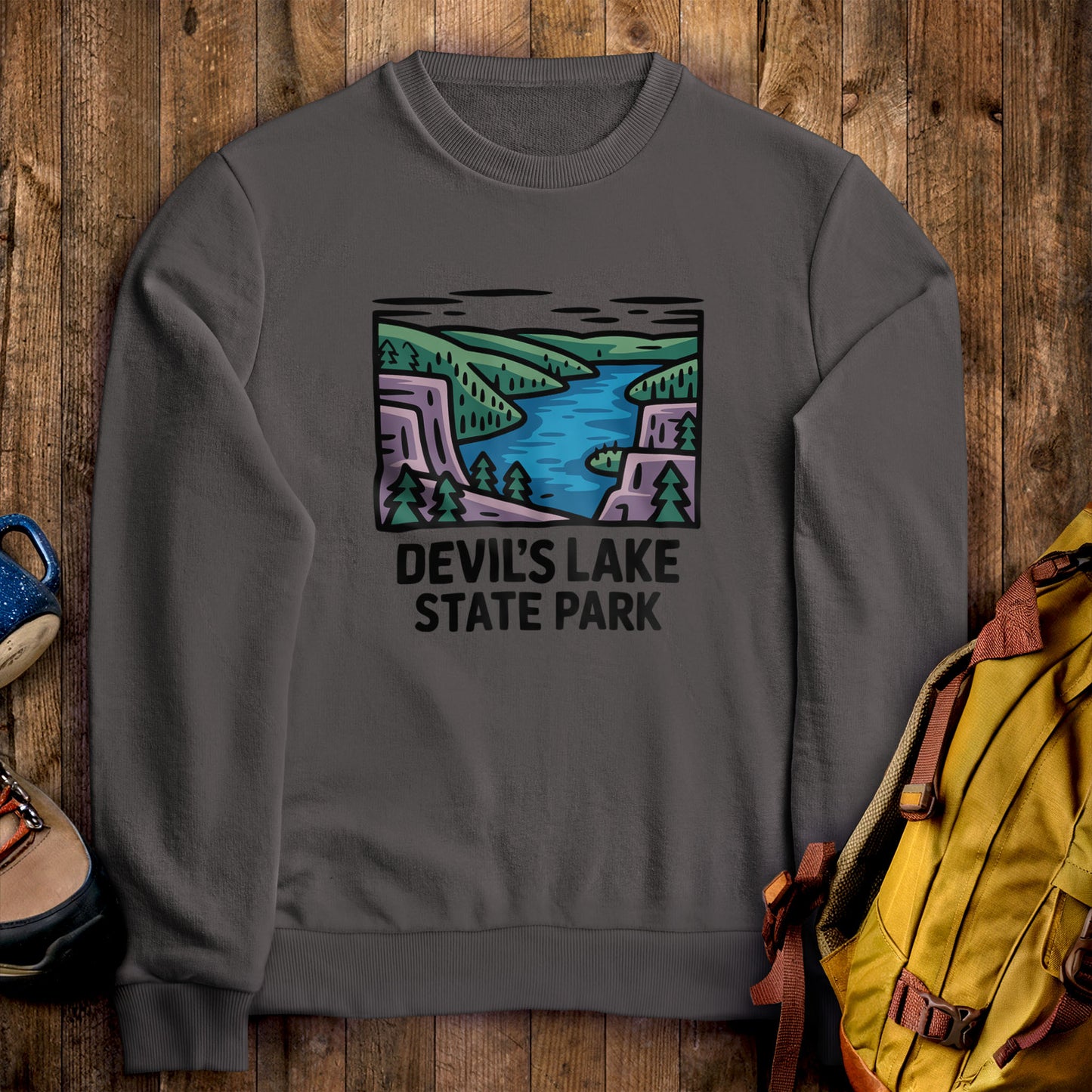 Devil’s Lake State Park Crewneck Sweatshirt Charcoal Adventure and Outdoors Themed Sweatshirt