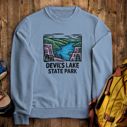 Devil’s Lake State Park Crewneck Sweatshirt Stone Blue Adventure and Outdoors Themed Sweatshirt