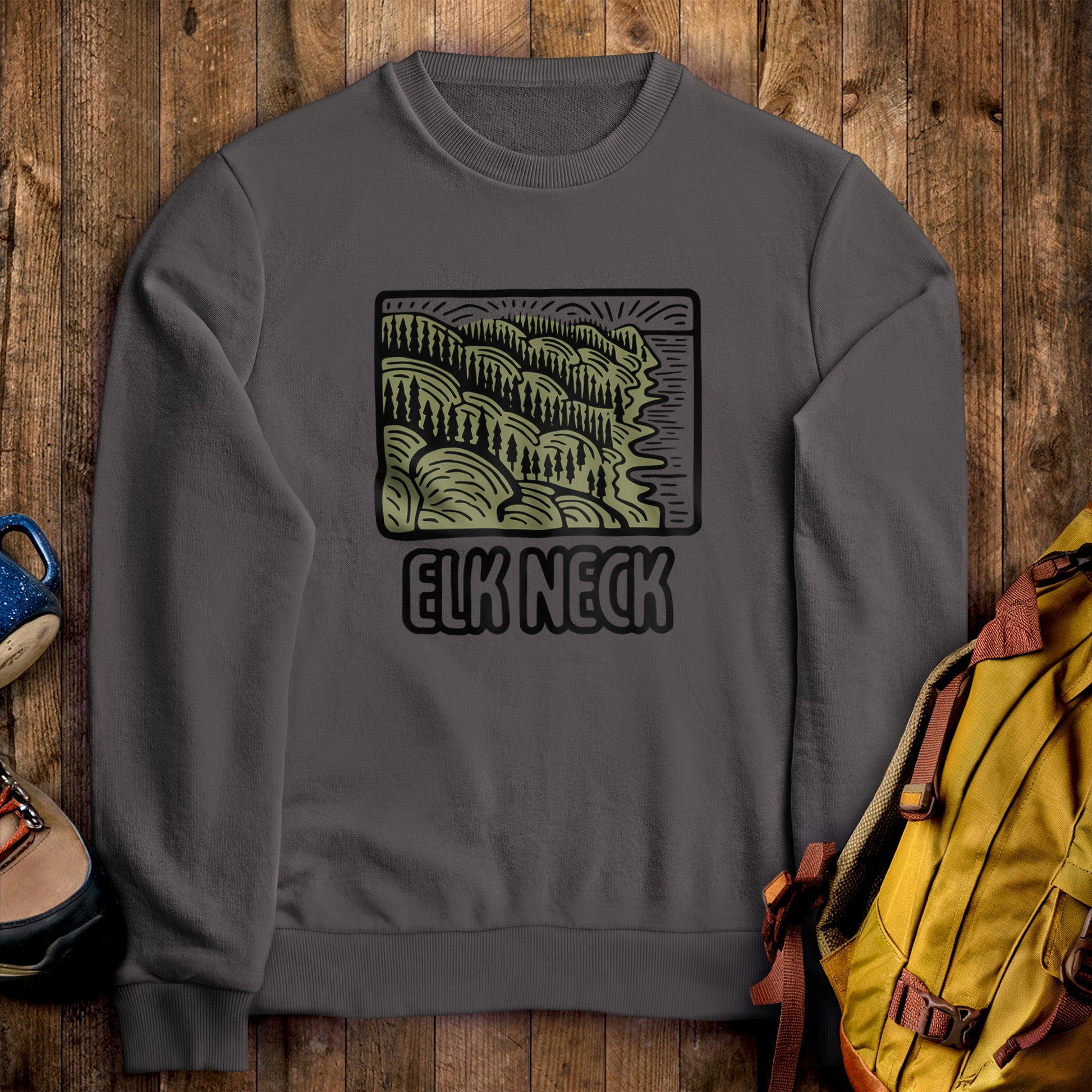 Elk Neck State Forest Crewneck Sweatshirt Charcoal Adventure and Outdoors Themed Sweatshirt