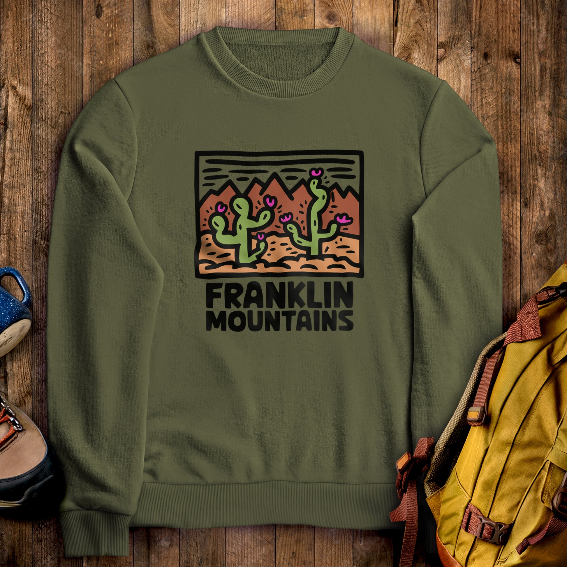 Franklin Mountains State Park Crewneck Sweatshirt Military Green Adventure and Outdoors Themed Sweatshirt