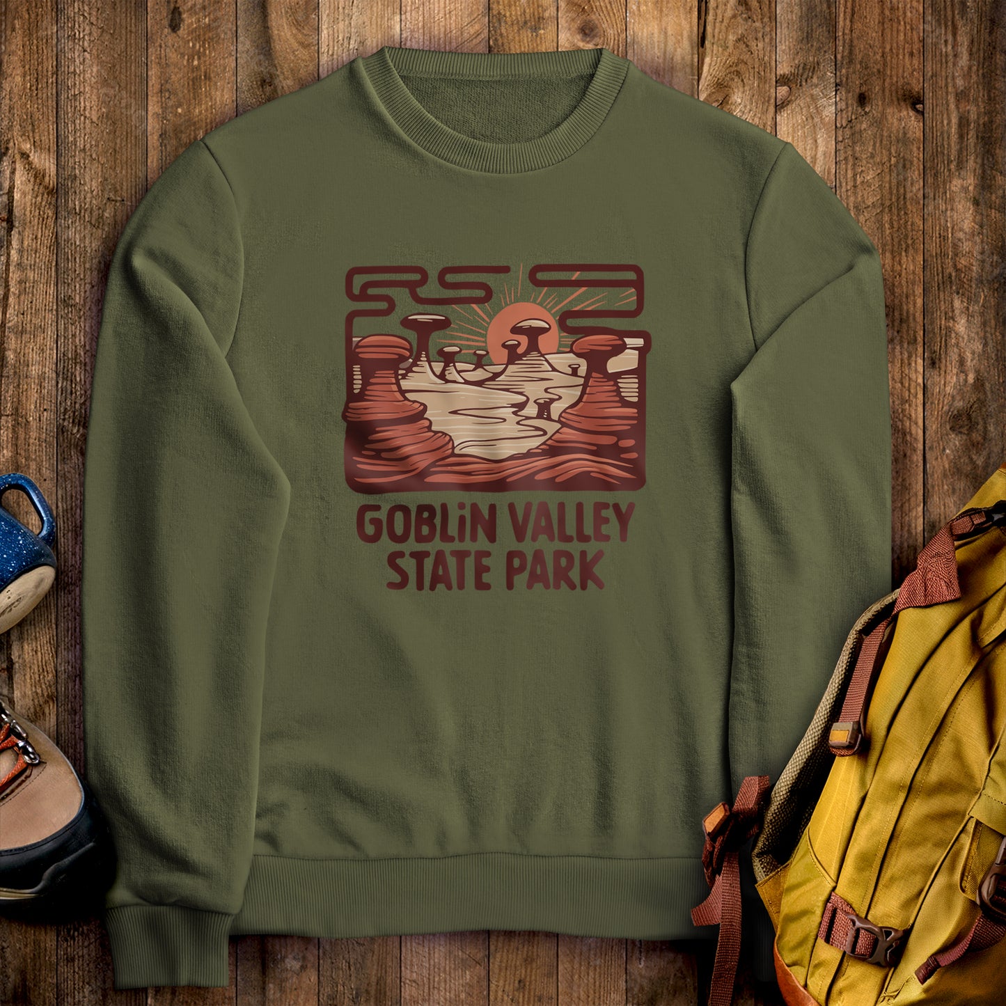 Goblin Valley State Park Crewneck Sweatshirt Military Green Adventure and Outdoors Themed Sweatshirt