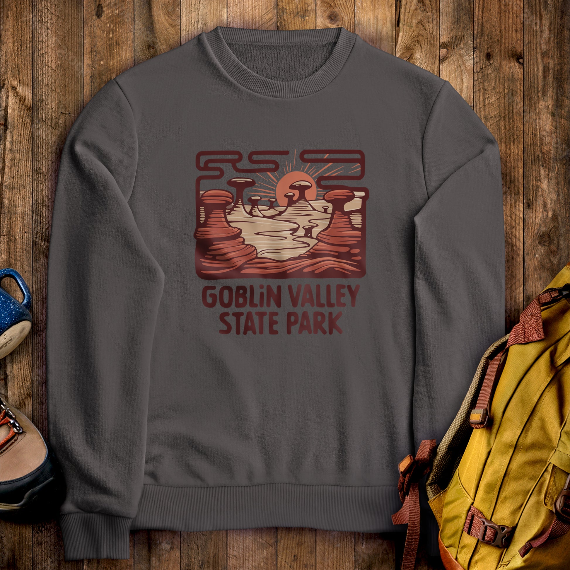 Goblin Valley State Park Crewneck Sweatshirt Charcoal Adventure and Outdoors Themed Sweatshirt