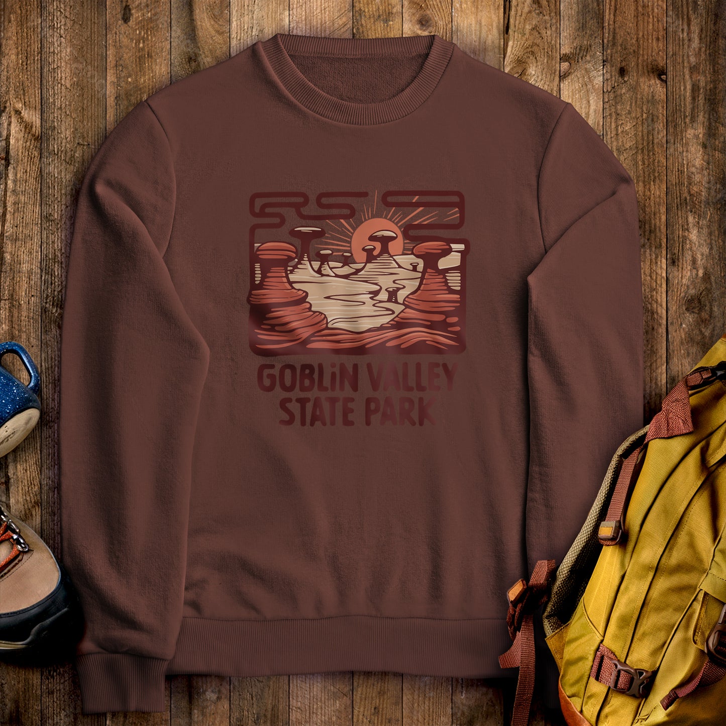 Goblin Valley State Park Crewneck Sweatshirt Cocoa Adventure and Outdoors Themed Sweatshirt