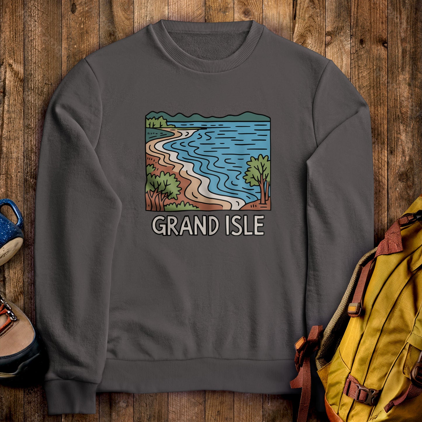 Grand Isle State Park Crewneck Sweatshirt Charcoal Adventure and Outdoors Themed Sweatshirt