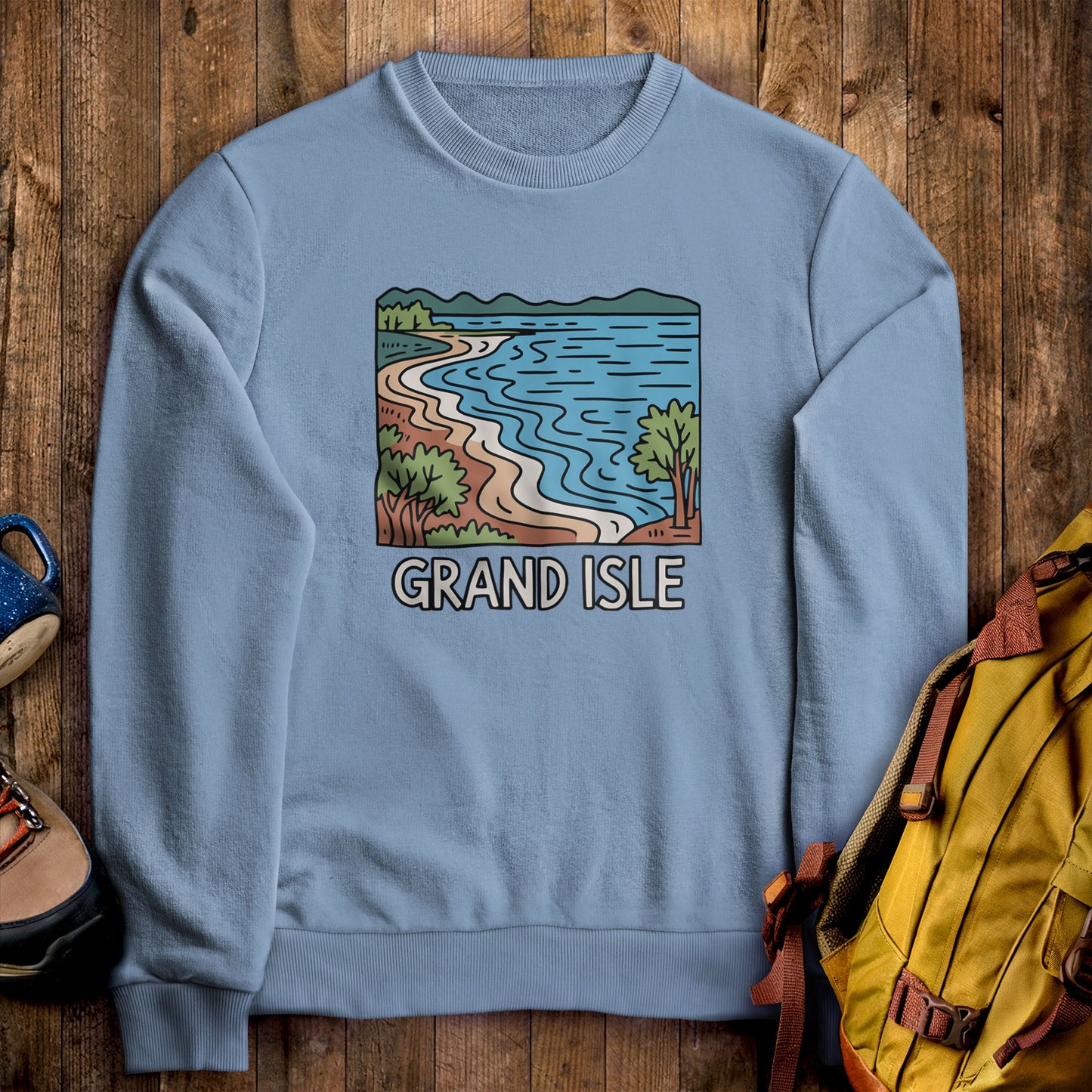 Grand Isle State Park Crewneck Sweatshirt Stone Blue Adventure and Outdoors Themed Sweatshirt