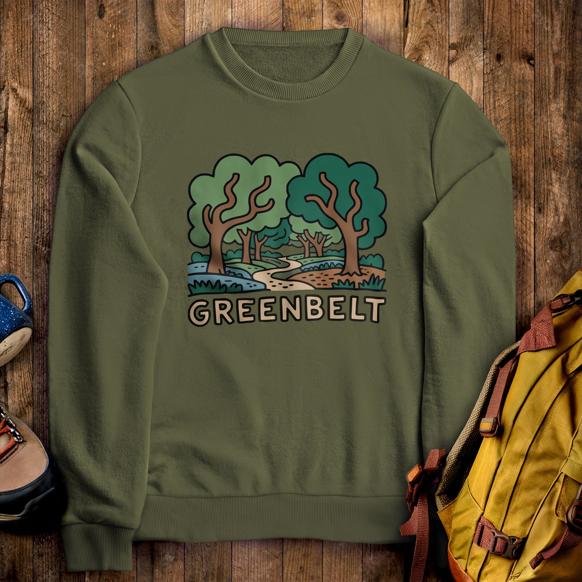 Greenbelt Park Crewneck Sweatshirt Military Green Adventure and Outdoors Themed Sweatshirt