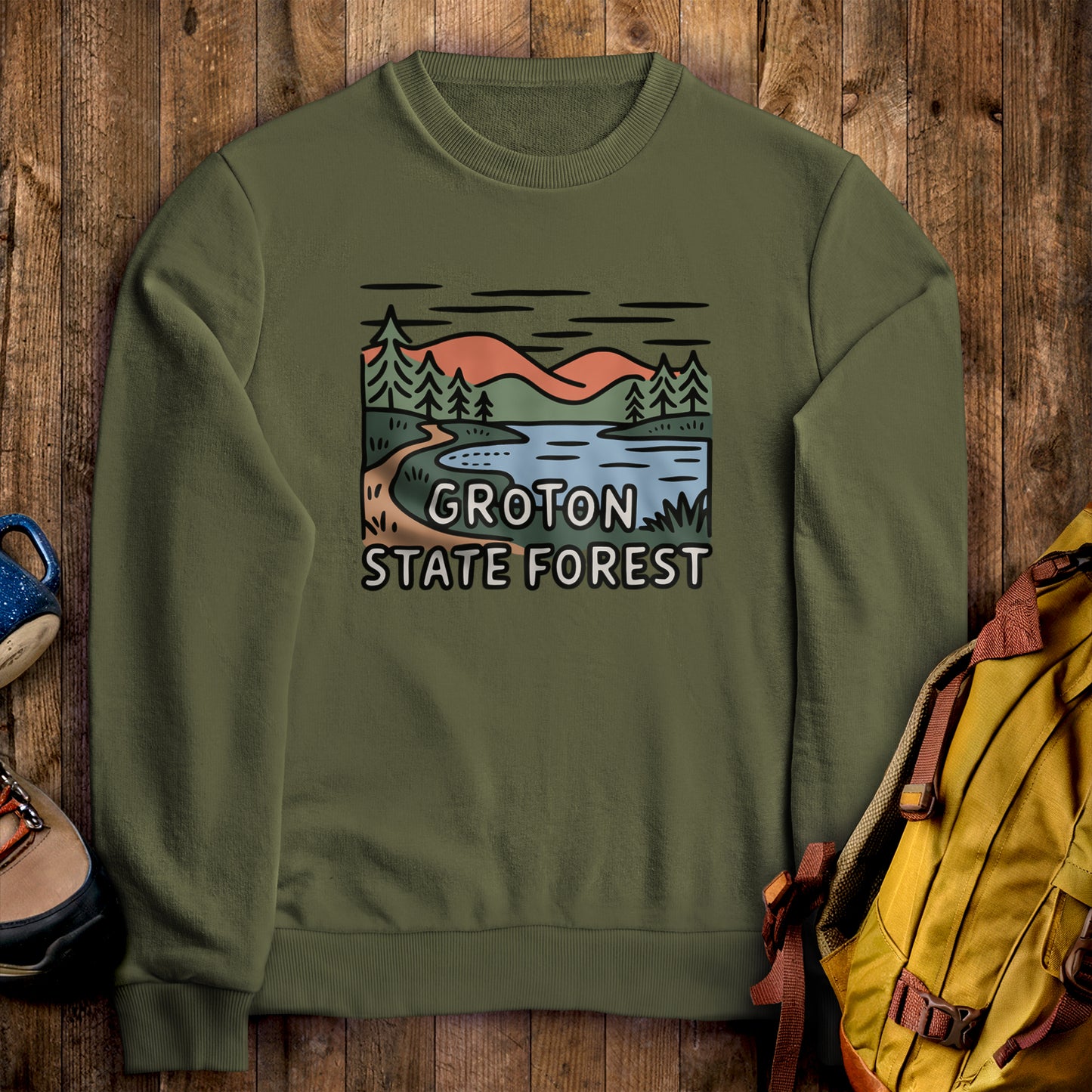Groton State Forest Crewneck Sweatshirt Military Green Adventure and Outdoors Themed Sweatshirt
