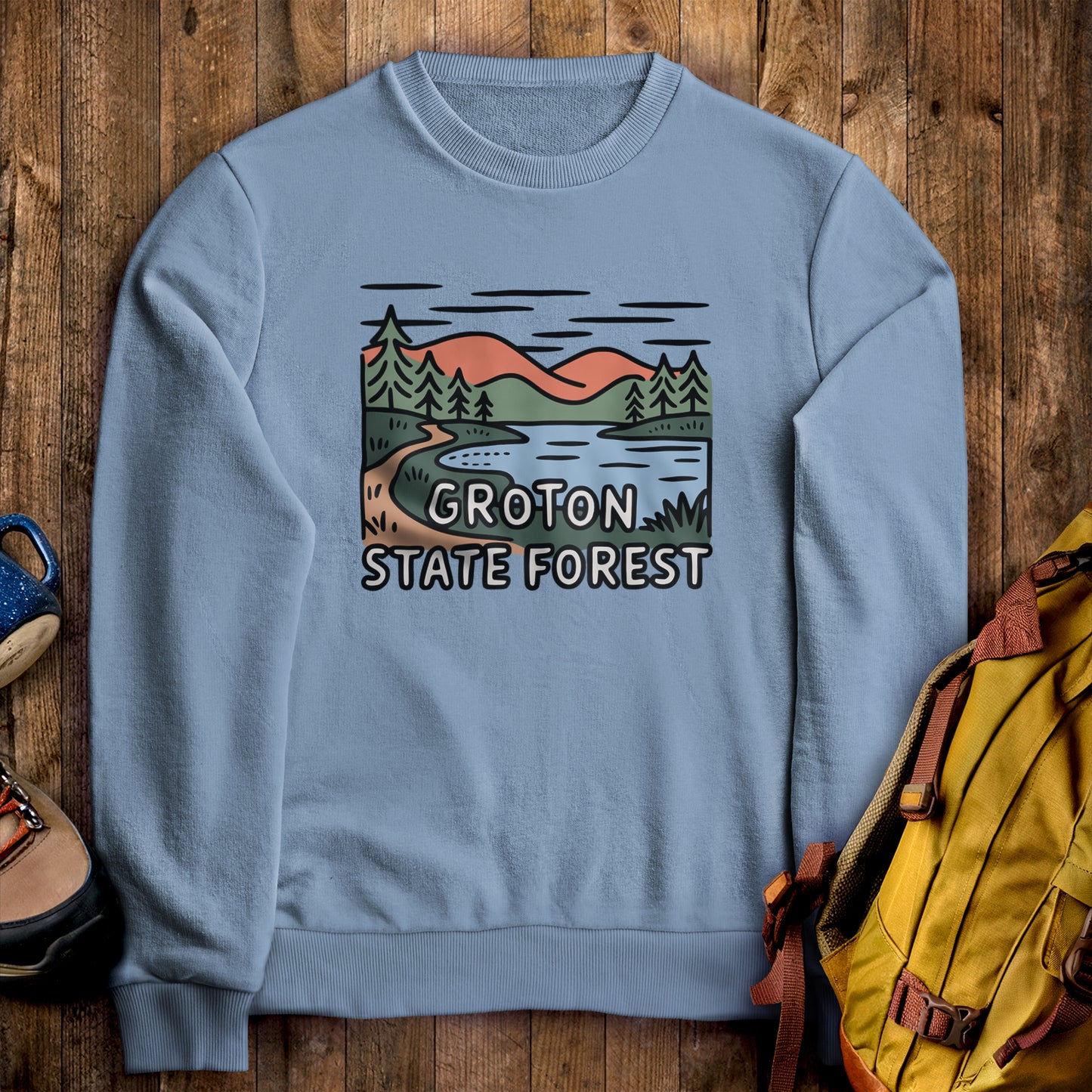 Groton State Forest Crewneck Sweatshirt Stone Blue Adventure and Outdoors Themed Sweatshirt