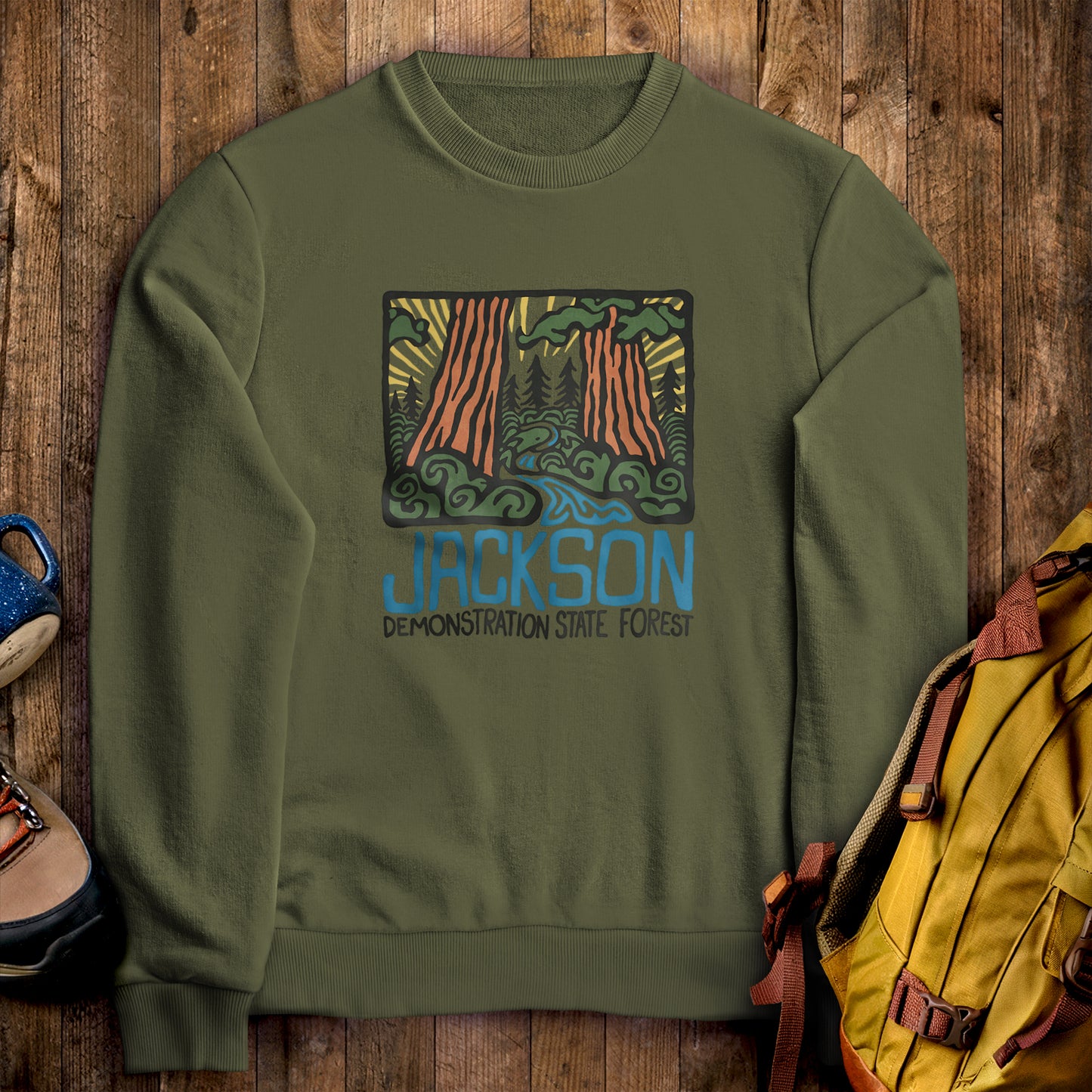 Jackson Demonstration State Forest Crewneck Sweatshirt Military Green Adventure and Outdoors Themed Sweatshirt