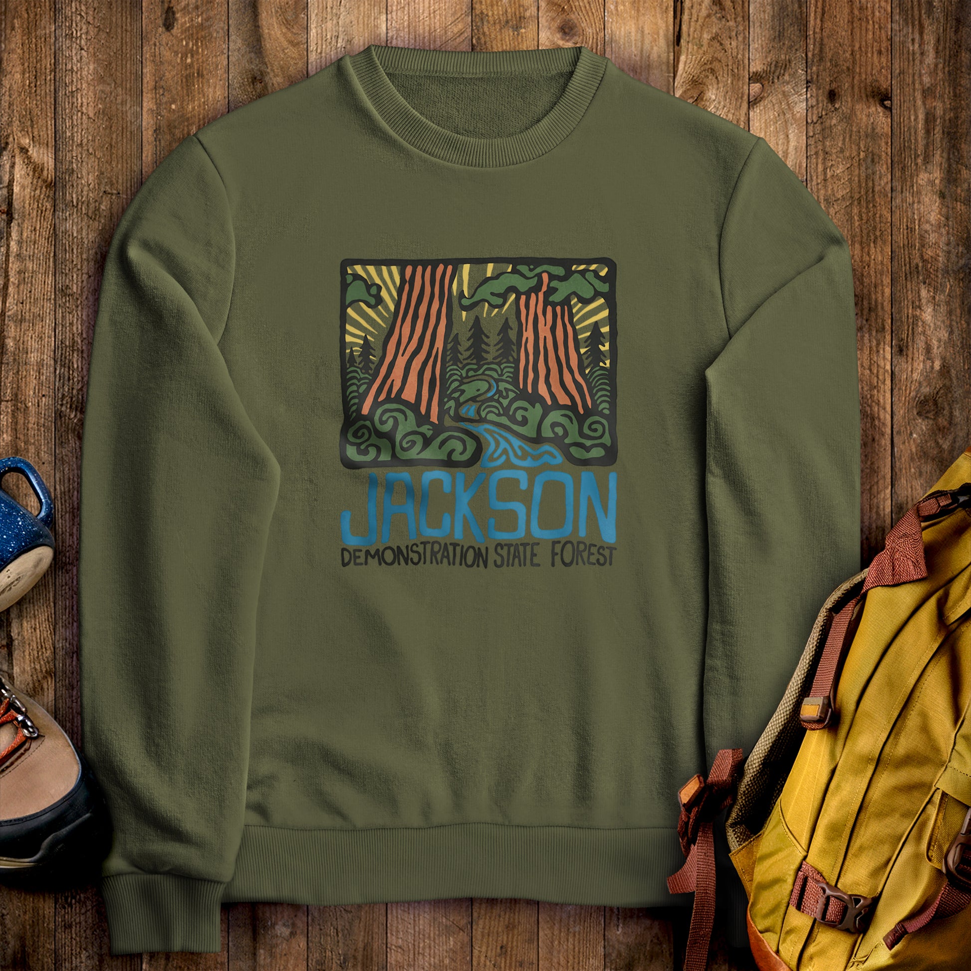 Jackson Demonstration State Forest Crewneck Sweatshirt Military Green Adventure and Outdoors Themed Sweatshirt
