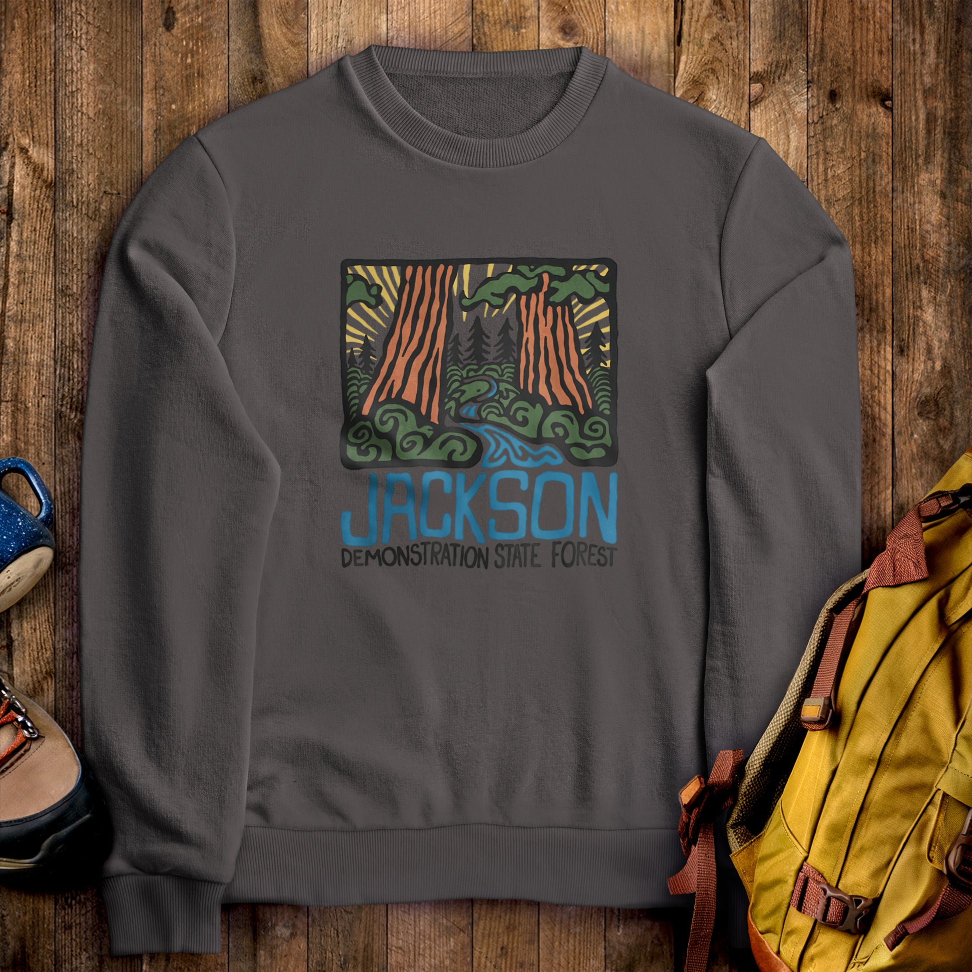 Jackson Demonstration State Forest Crewneck Sweatshirt Charcoal Adventure and Outdoors Themed Sweatshirt