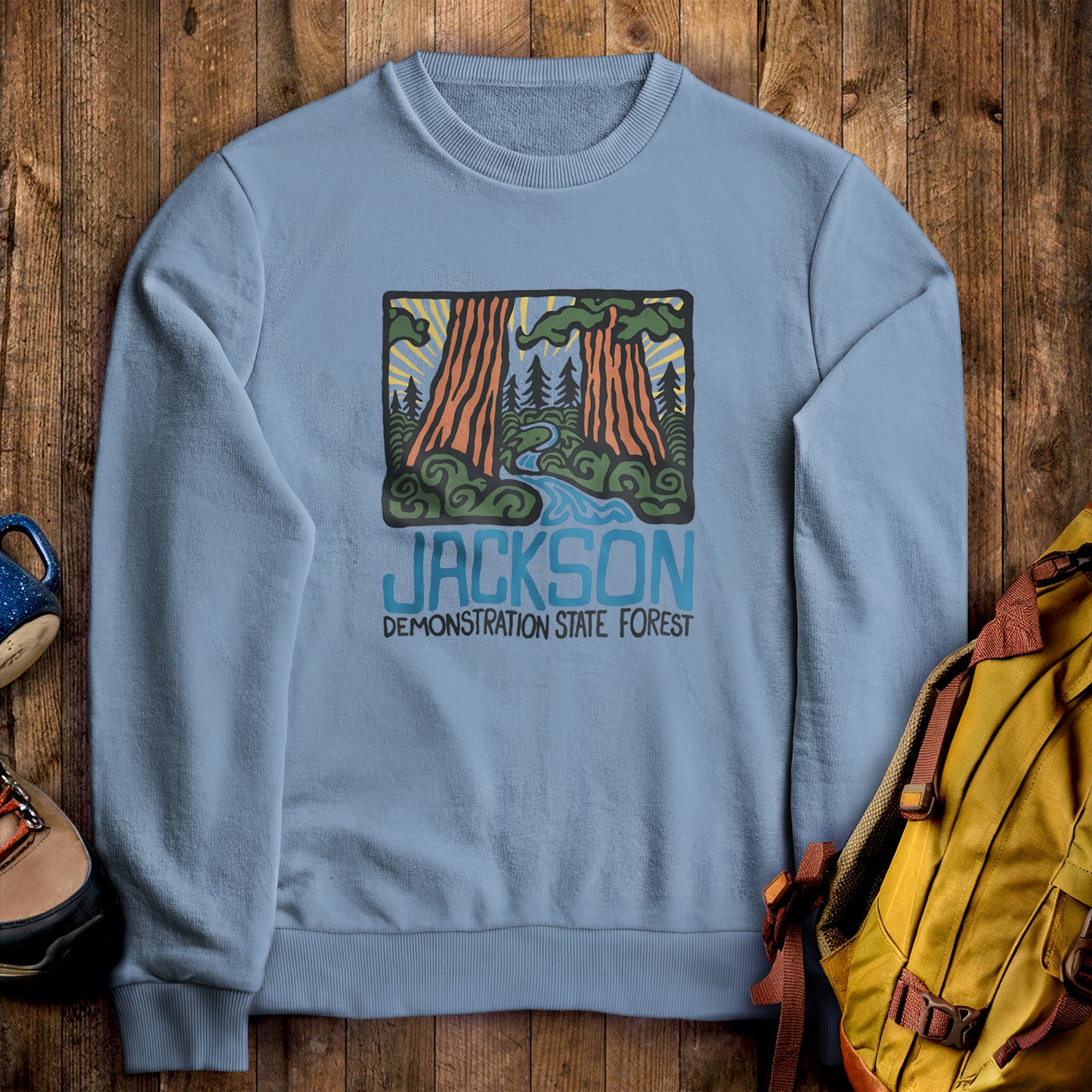 Jackson Demonstration State Forest Crewneck Sweatshirt Stone Blue Adventure and Outdoors Themed Sweatshirt