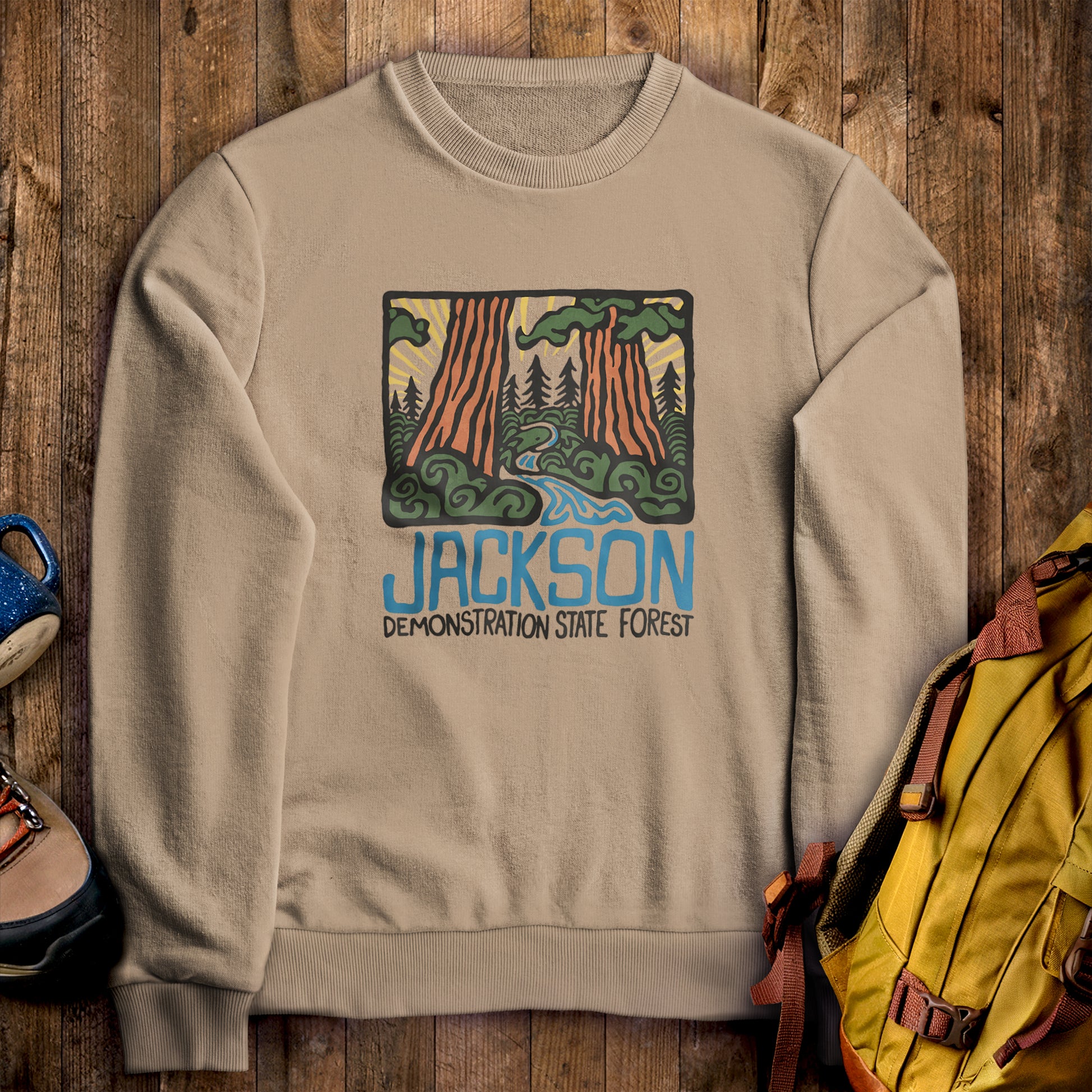 Jackson Demonstration State Forest Crewneck Sweatshirt Sand Adventure and Outdoors Themed Sweatshirt
