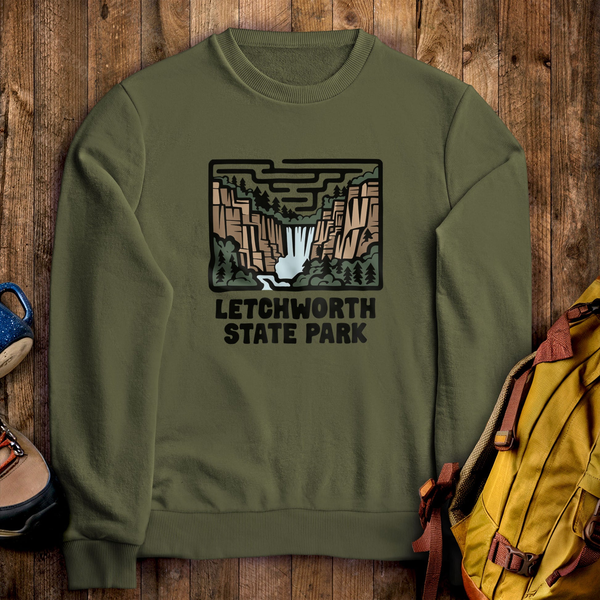 Letchworth State Park Crewneck Sweatshirt Military Green Adventure and Outdoors Themed Sweatshirt