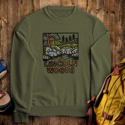 Lincoln Woods Crewneck Sweatshirt Military Green Adventure and Outdoors Themed Sweatshirt