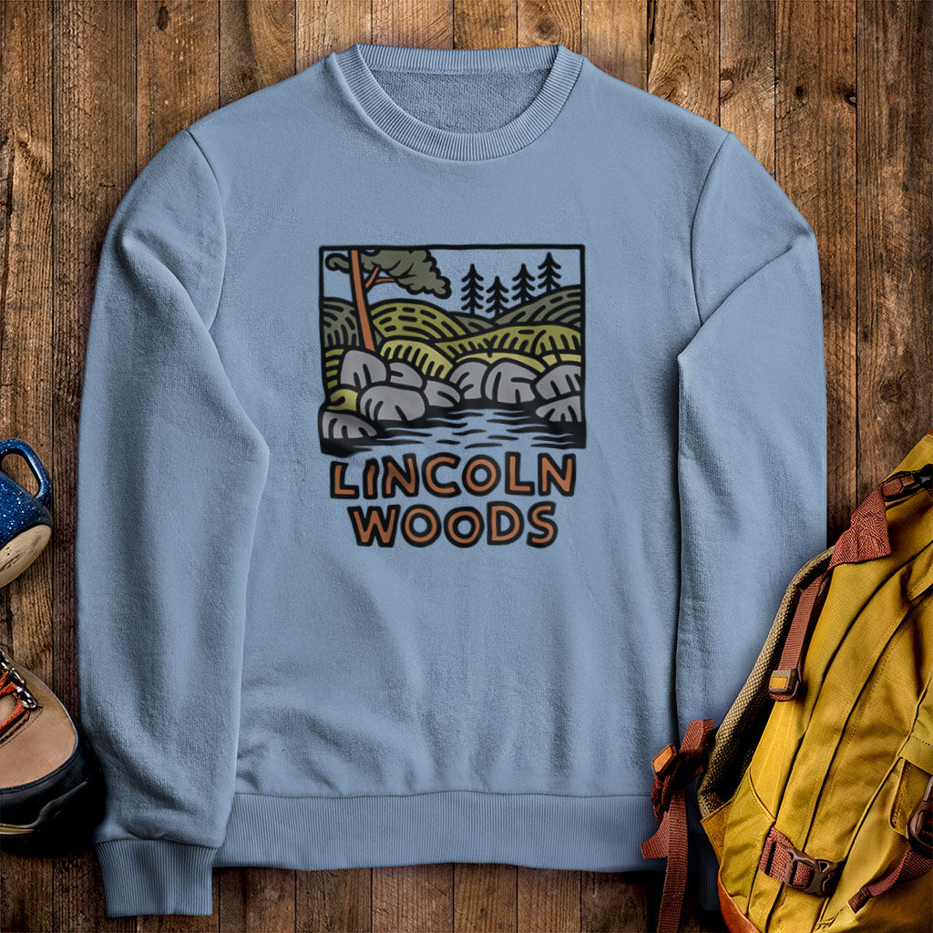 Lincoln Woods Crewneck Sweatshirt Stone Blue Adventure and Outdoors Themed Sweatshirt