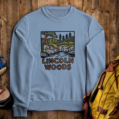 Lincoln Woods Crewneck Sweatshirt Stone Blue Adventure and Outdoors Themed Sweatshirt
