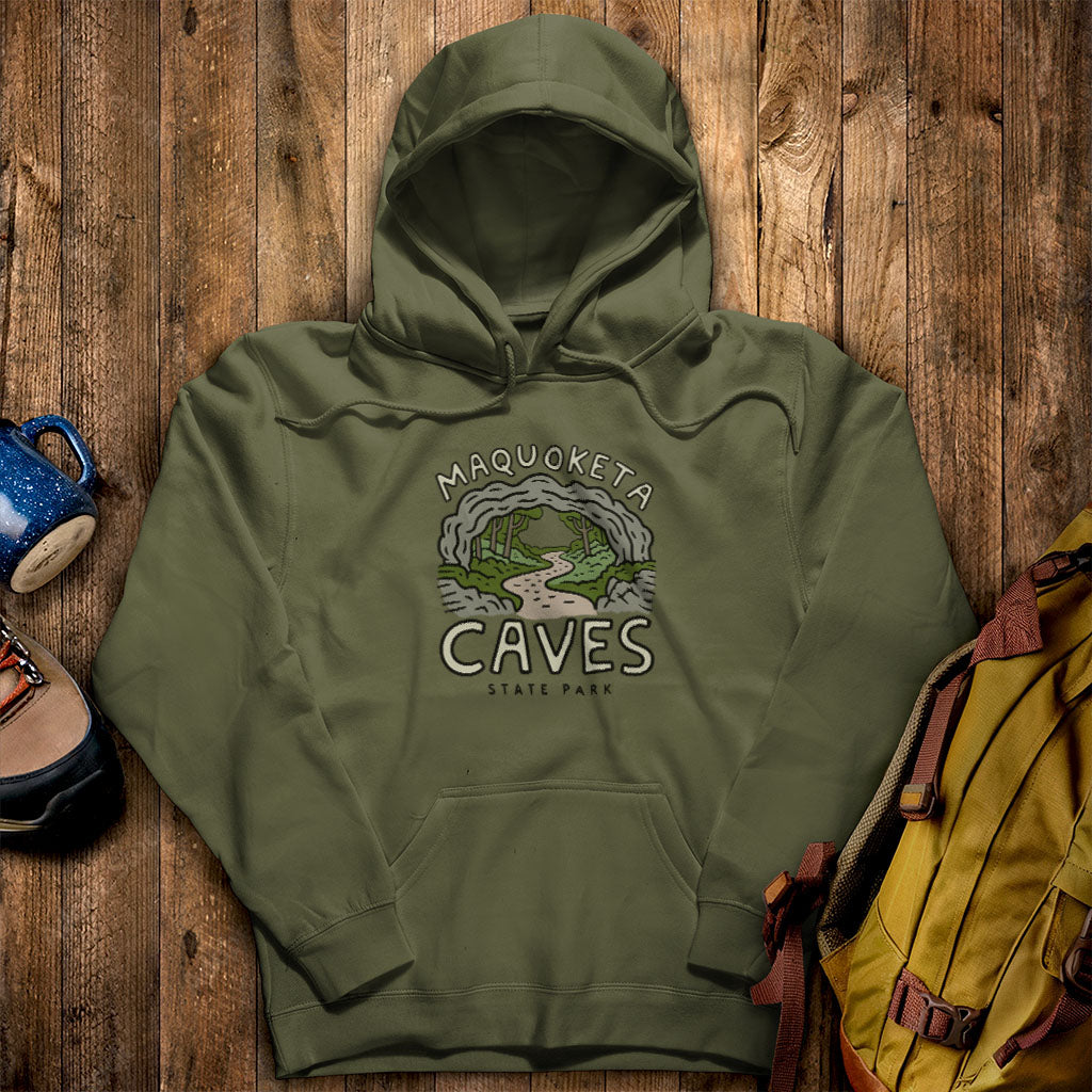 Maquoketa Caves State Park Hoodie Military Green Adventure and Outdoors Themed Hoodie