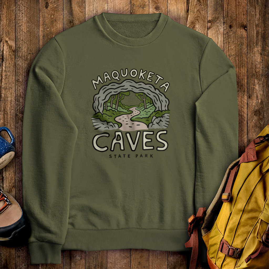 Maquoketa Caves State Park Crewneck Sweatshirt Military Green Adventure and Outdoors Themed Sweatshirt