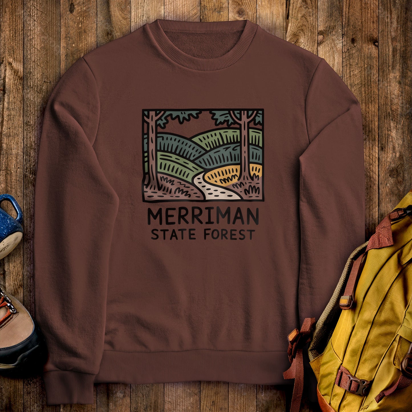 Merriman State Forest Crewneck Sweatshirt Cocoa Adventure and Outdoors Themed Sweatshirt