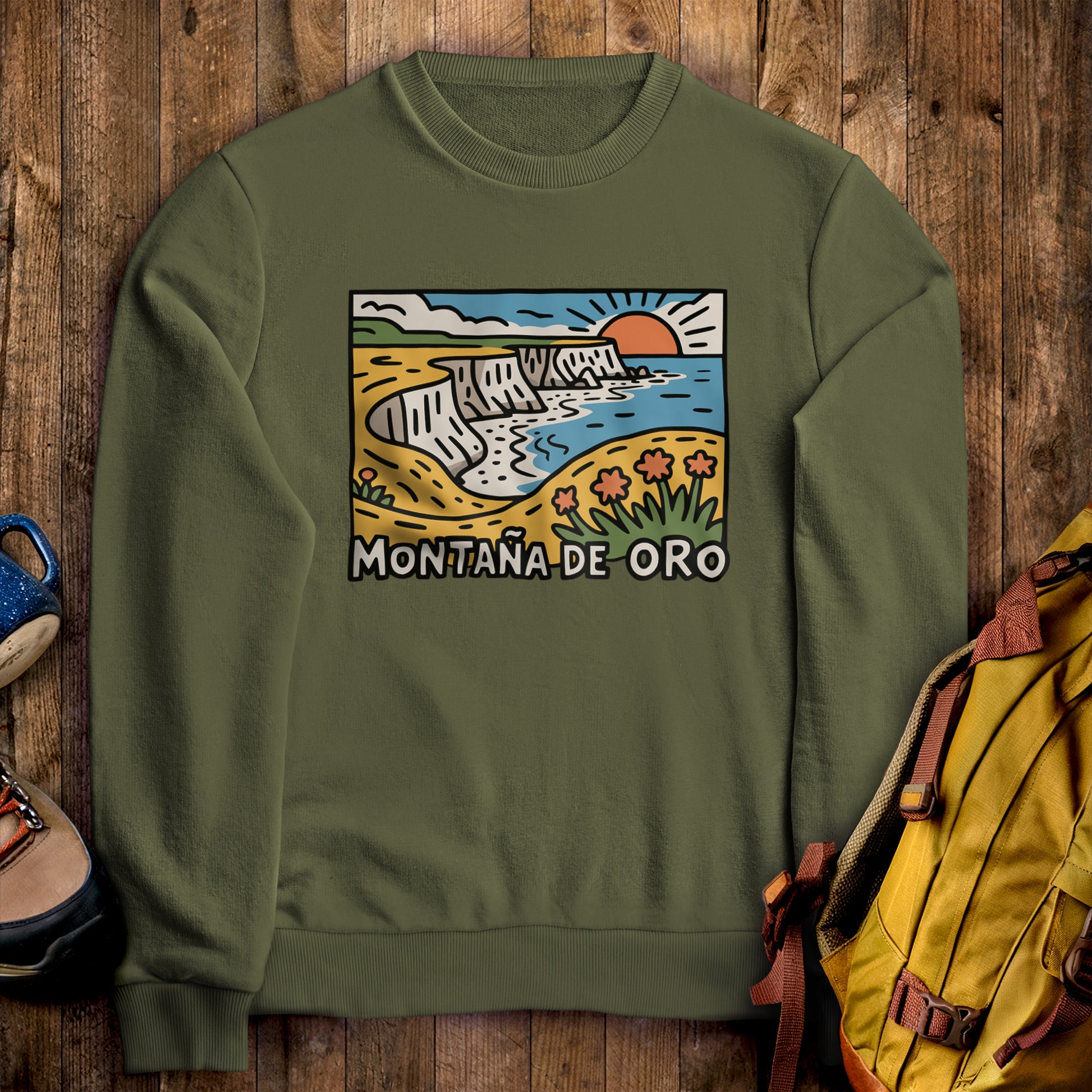 Montana de Oro State Park Crewneck Sweatshirt Military Green Adventure and Outdoors Themed Sweatshirt