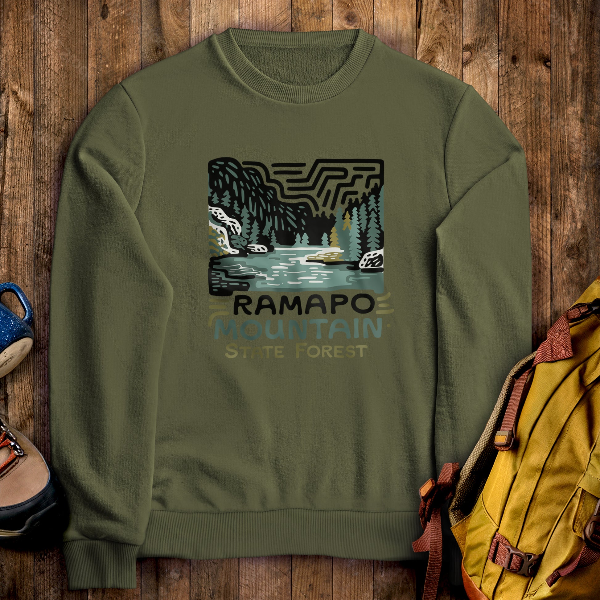 Ramapo Mountain State Forest Crewneck Sweatshirt Military Green Adventure and Outdoors Themed Sweatshirt