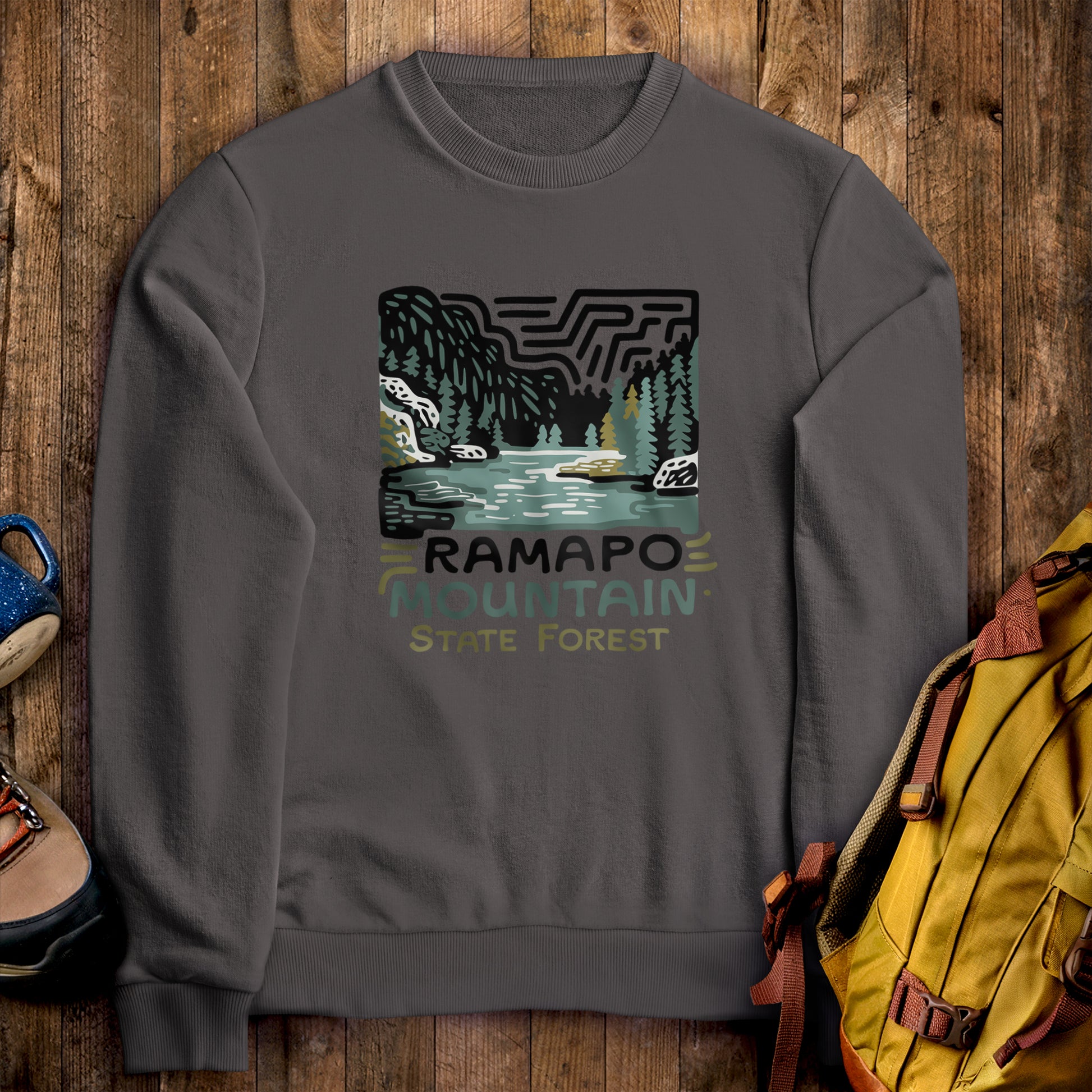Ramapo Mountain State Forest Crewneck Sweatshirt Charcoal Adventure and Outdoors Themed Sweatshirt