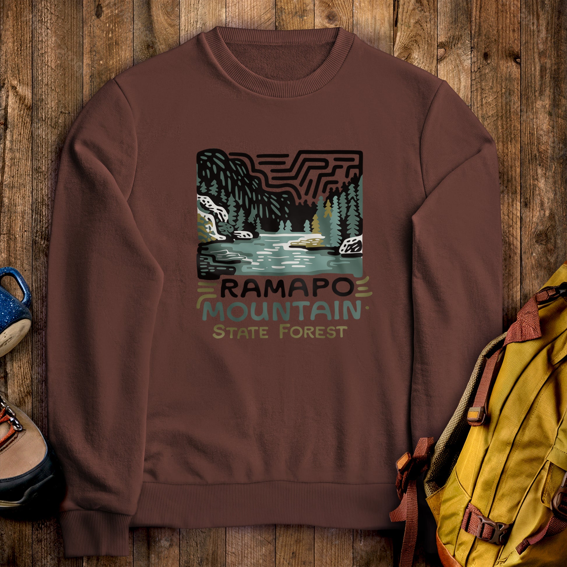 Ramapo Mountain State Forest Crewneck Sweatshirt Cocoa Adventure and Outdoors Themed Sweatshirt